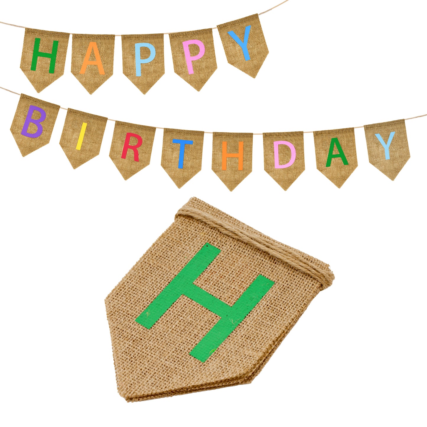 G2PLUS HAPPY BIRTHDAY Burlap Bunting Banner, Pre-strung Hessian Birthday Bunting Banner, Reusable Burlap Birthday Banner with Colorful Letters, Vintage Cloth Birthday Banner for Birthday Parties