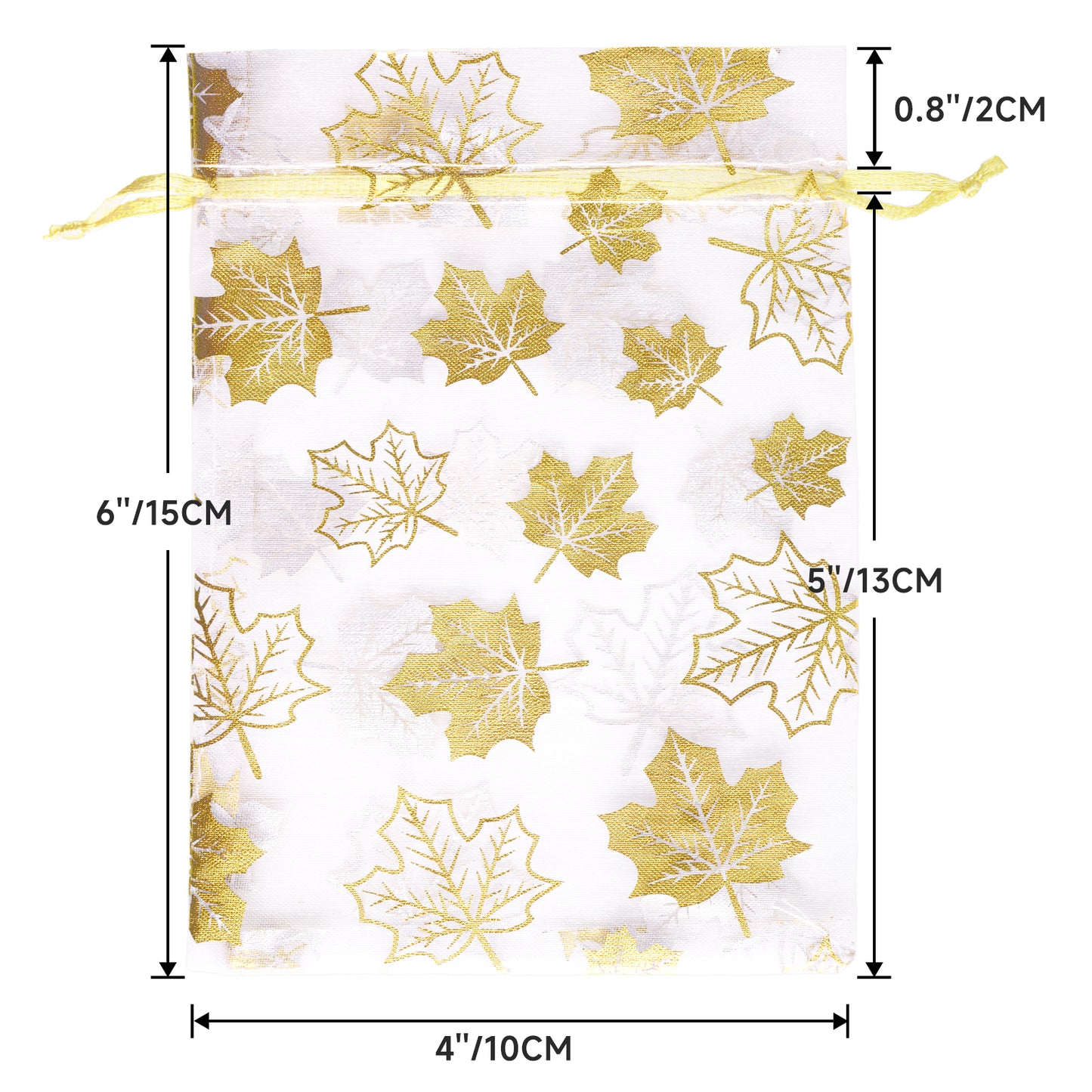 G2PLUS 50Pcs Fall Organza Drawstring Bags 4x6 In - Thanksgiving Organza Bags, White Sheer Mesh Pouches, Gold Maple Leaves Candy Treat Bags for Wedding, Baby Shower, Autumn Holiday Party Favors
