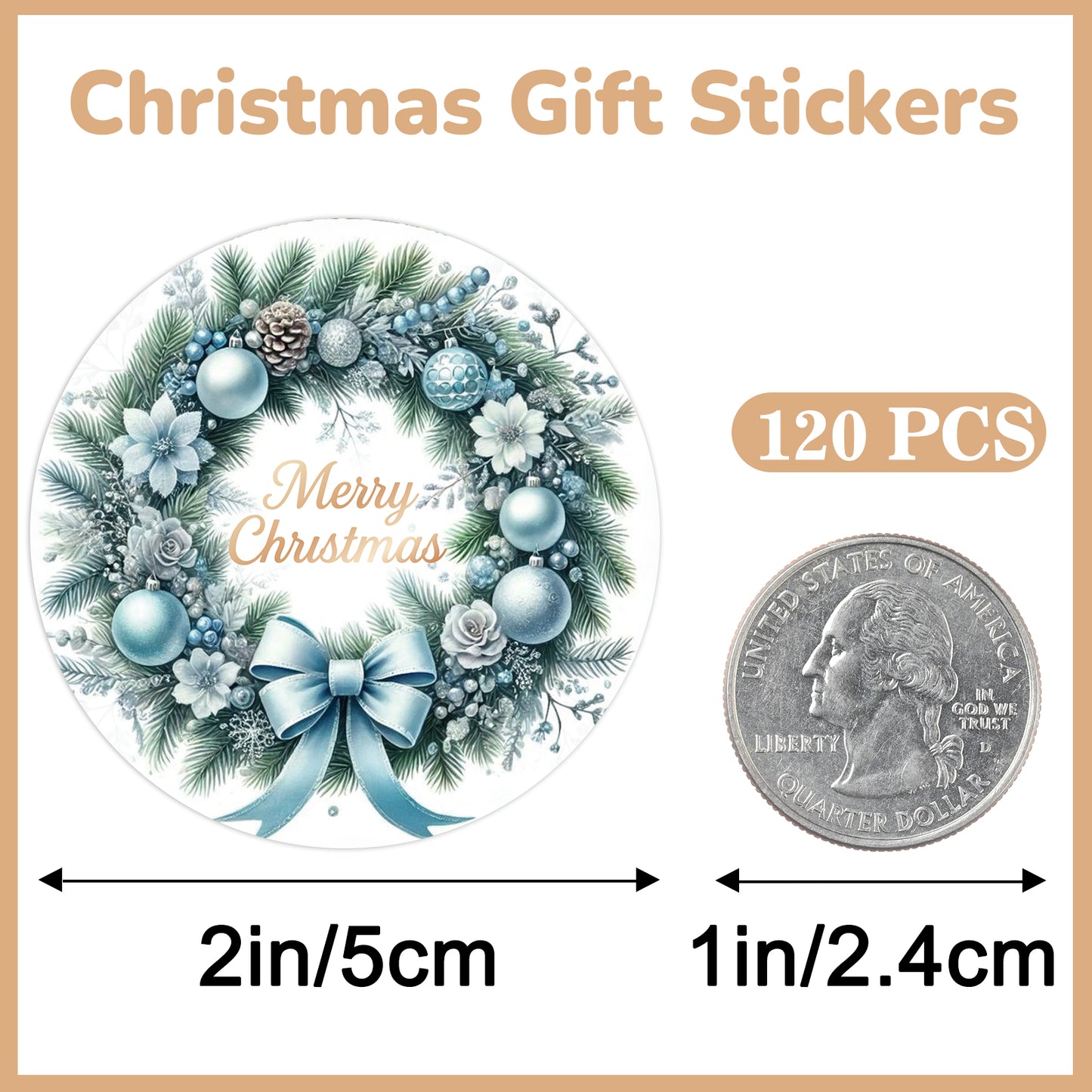 G2PLUS Merry Christmas Stickers - 120Pcs Blue Christmas Wreath Stickers, 2'' Round Self-Adhesive Xmas Labels for Envelope Seals, Holiday Wrapping, Party Favors, DIY Crafts, Small Business Packaging