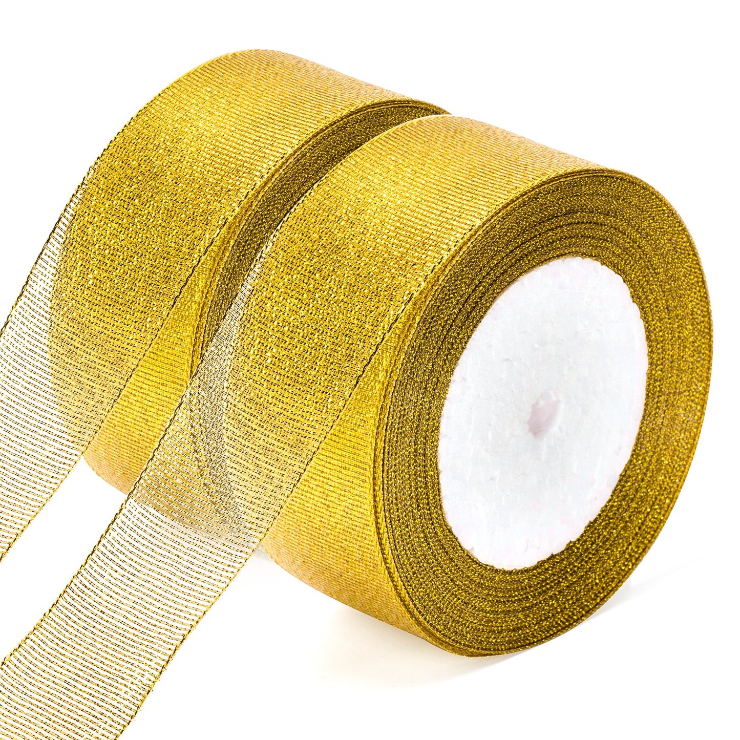 G2PLUS Gold Organza Gift Wrap Ribbon, 40mm Sparkly Decorative Christmas Ribbon, Ribbon for Gift Wrapping 44M Glitter Metallic Ribbon for Christmas Easter Wrapping Gift Craft, 2 Roll x 22M