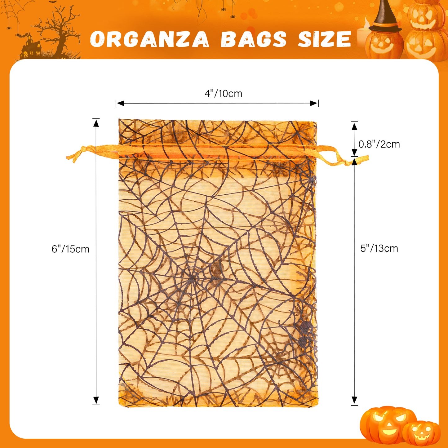 G2PLUS Halloween Organza Drawstring Bags, 50PCS Halloween Organza Bags 4x6, Sheer Organza Pouches, Trick or Treat Candy Goodies Bags, Spiderwebs Organza Bags for Halloween Party Favors (Orange)