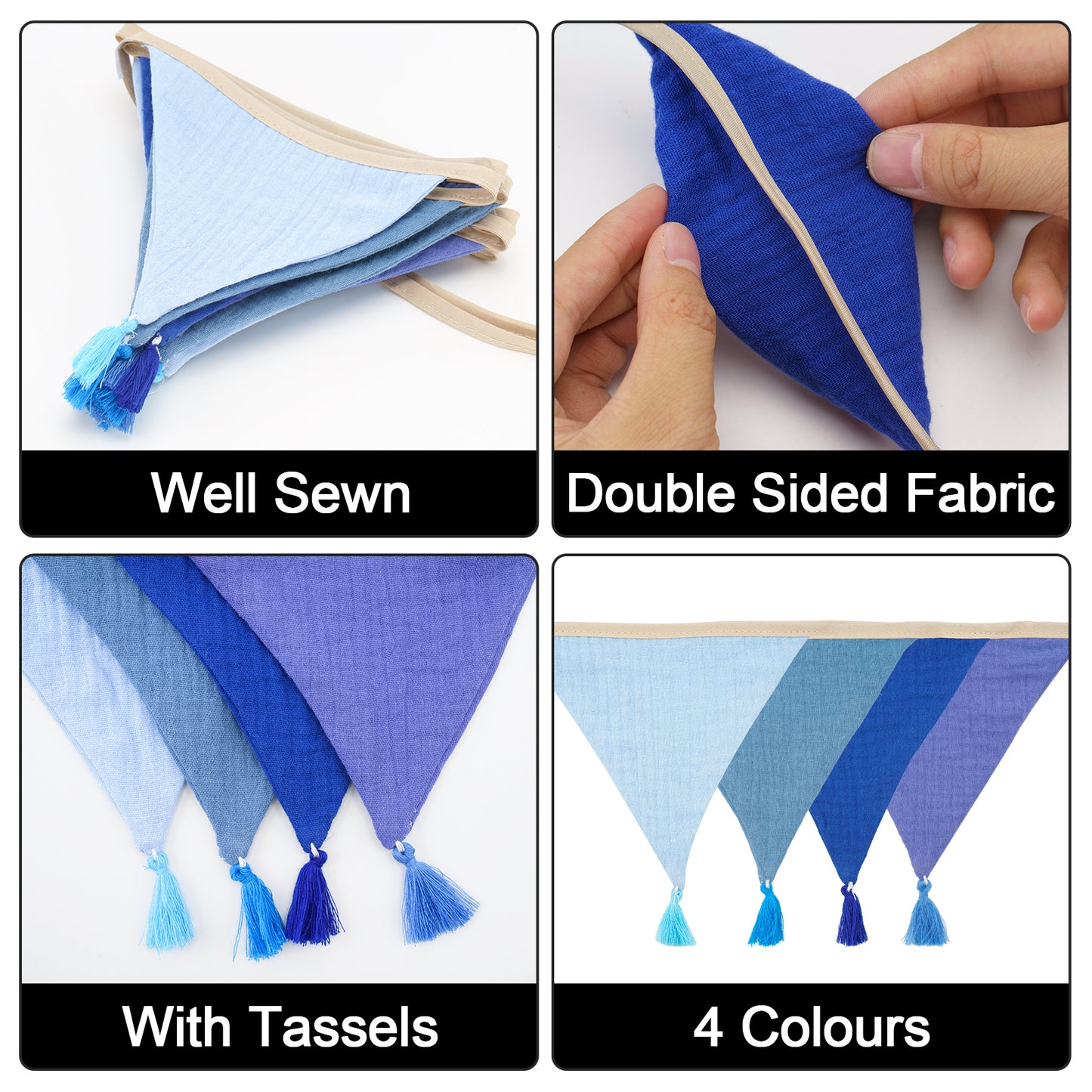 G2PLUS Cotton Fabric Bunting Banner, 9Ft Blue Triangle Pennant Banner Flag, 12pcs Double-Sided Bunting Garland with Tassels for Birthday Party, Wedding, Holiday, Classroom Hanging Decor