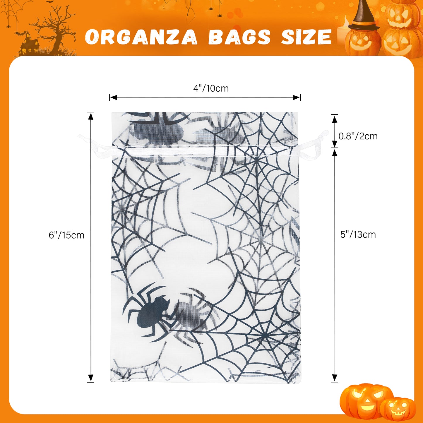 G2PLUS Halloween Organza Drawstring Bags, 50PCS Halloween Organza Bags 4x6, Sheer Organza Pouches, Trick or Treat Candy Goodies Bags, Spiderwebs Organza Bags for Halloween Party Favors (White)