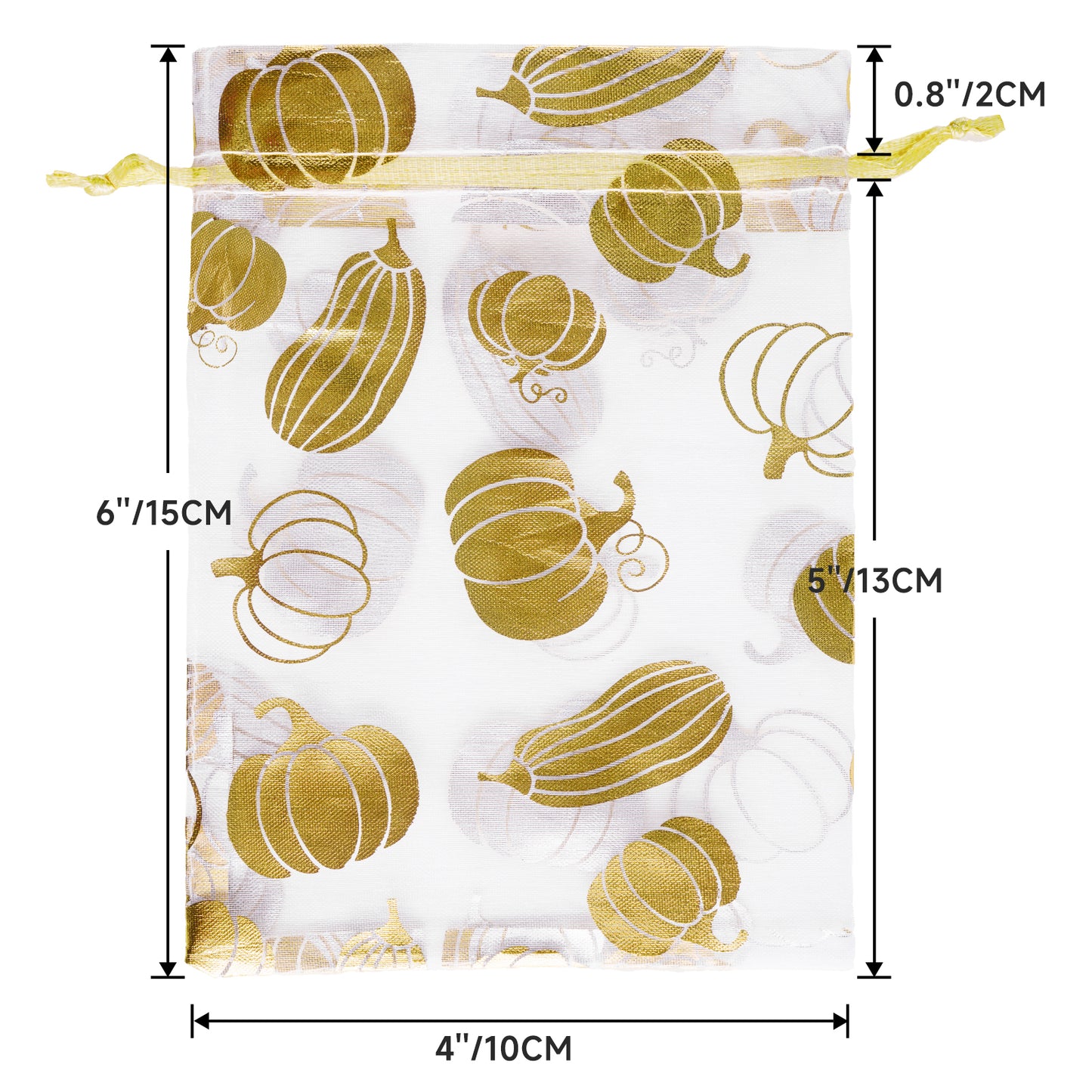 G2PLUS 50Pcs Fall Drawstring Organza Bags 4x6 In - Thanksgiving Organza Bags, White Sheer Mesh Pouches, Gold Pumpkin Candy Treat Bag for Wedding, Baby Shower, Autumn Holiday Party Favors