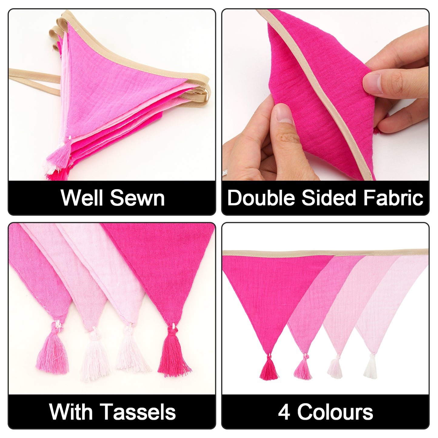 G2PLUS Cotton Fabric Bunting Banner, 9Ft Pink Triangle Pennant Banner Flag, 12pcs Double-Sided Bunting Garland with Tassels for Birthday Party, Wedding, Holiday, Classroom Hanging Decor