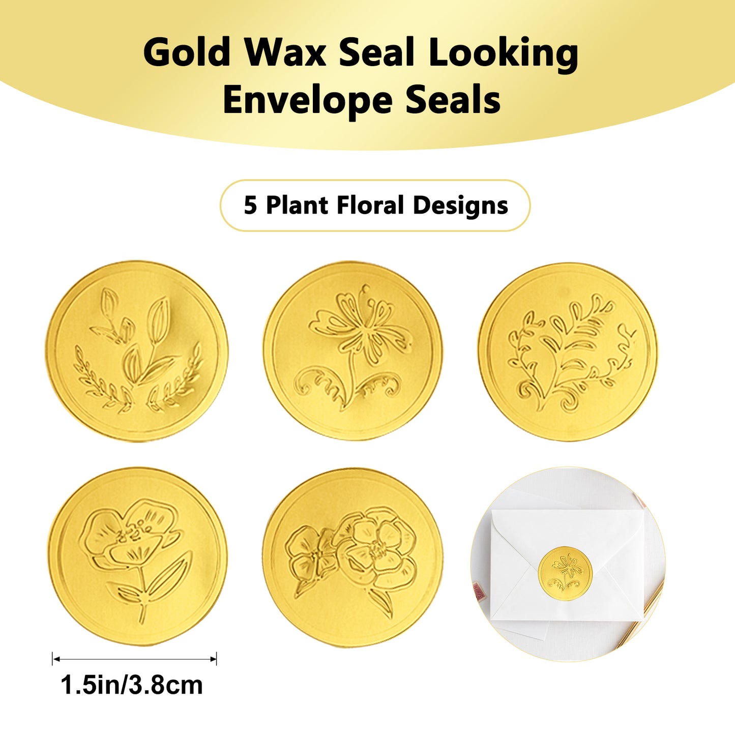 G2PLUS 300PCS Embossed Gold Foil Stickers, Gold Embossed Wax Seal Sticker Looking, 5 Styles Gold Embossed Plants Floral Envelope Seals Stickers for Wedding, Birthday, Baby Shower Party Favors