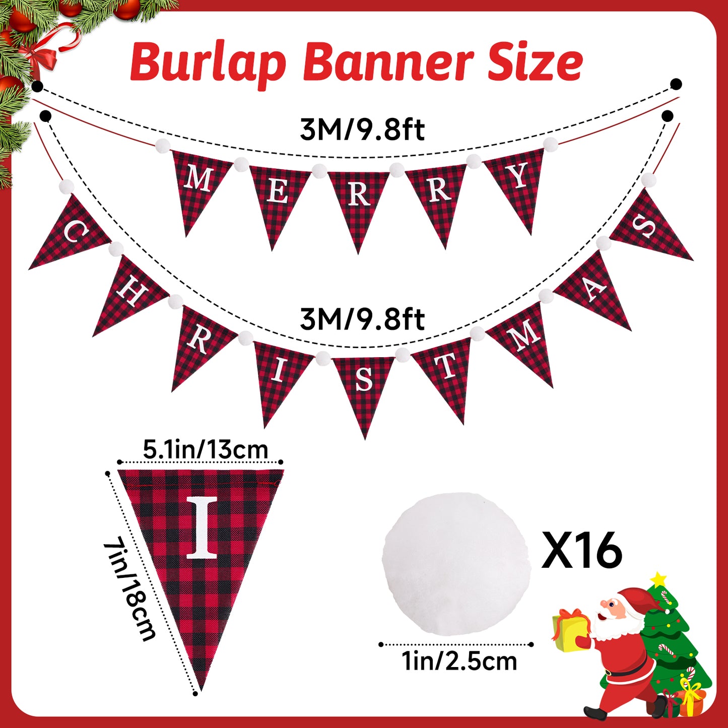 G2PLUS Merry Christmas Burlap Banner, 19.6Ft Red and Black Buffalo Plaid Banner, Pre-strung Triangle Pennant Flag Garland Bunting for Holiday Party, Fireplace Wall, Xmas Home Decorations