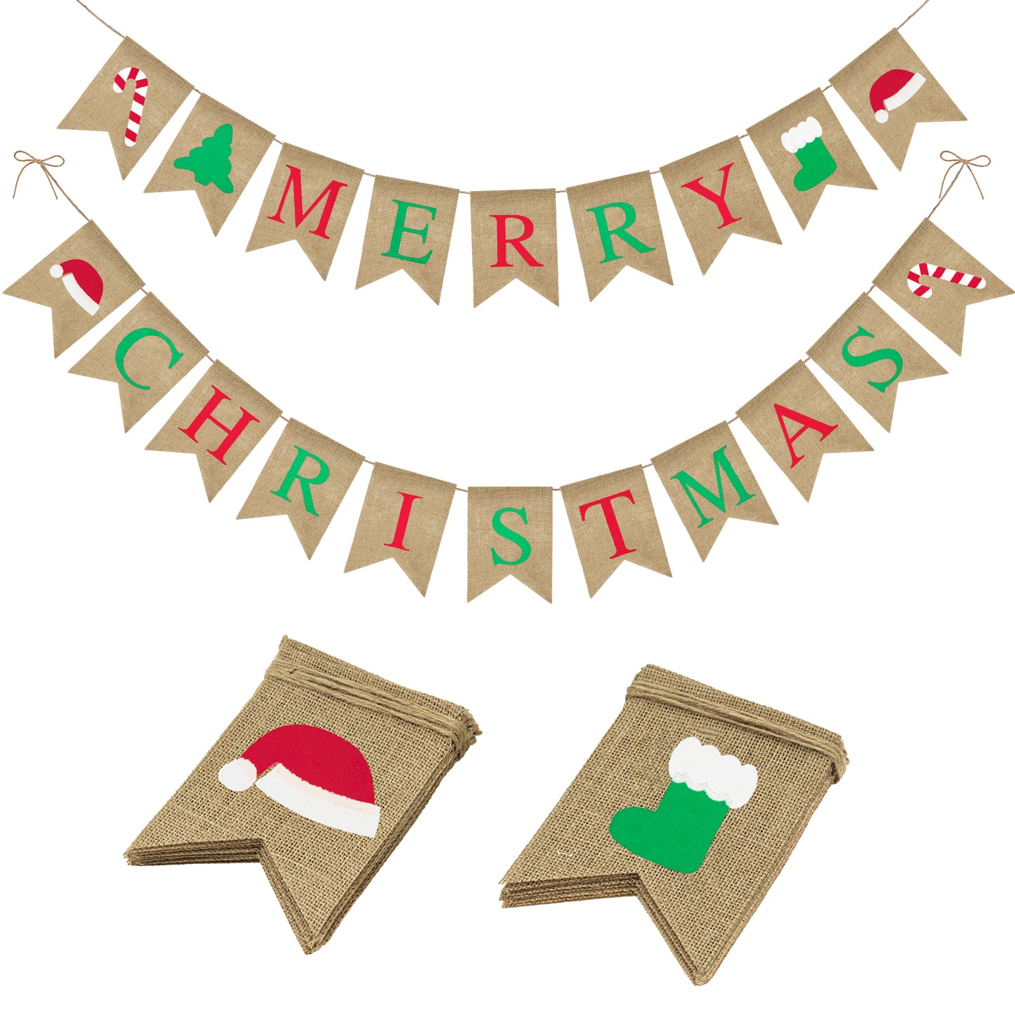 G2PLUS Merry Christmas Burlap Bunting Banner, Burlap Merry Christmas Banner with Christmas Hats, Rustic Christmas Garland with 20 Flag Pennants, Christmas Hessian Bunting for Xmas Decoration