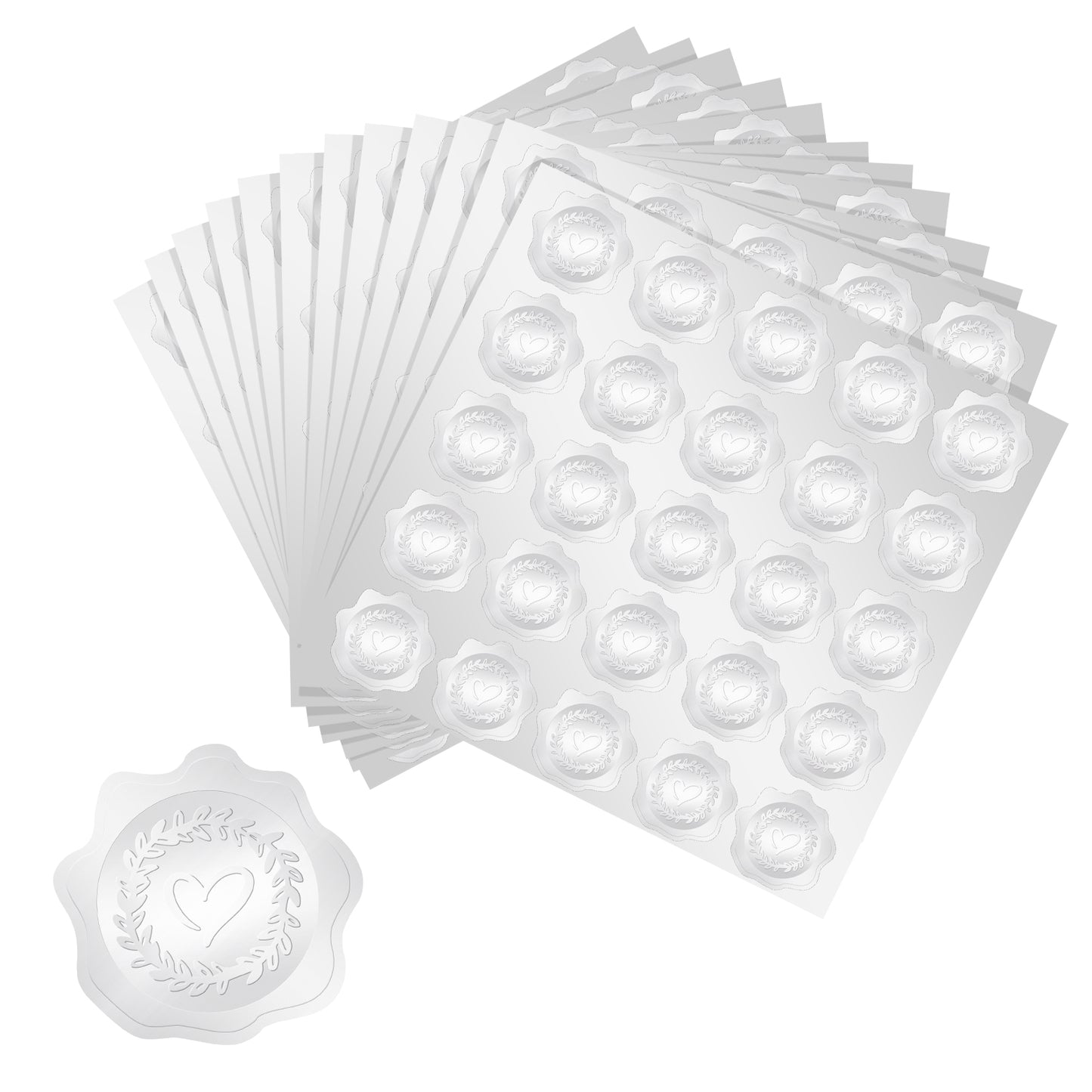G2PLUS 300PCS Silver Embossed Stickers, Heart Envelope Seals Stickers, Silver Embossed Wax Seal Looking Heart Envelope Seals, Silver Foil Heart and Garland Stickers for Wedding, Birthday Party Favors