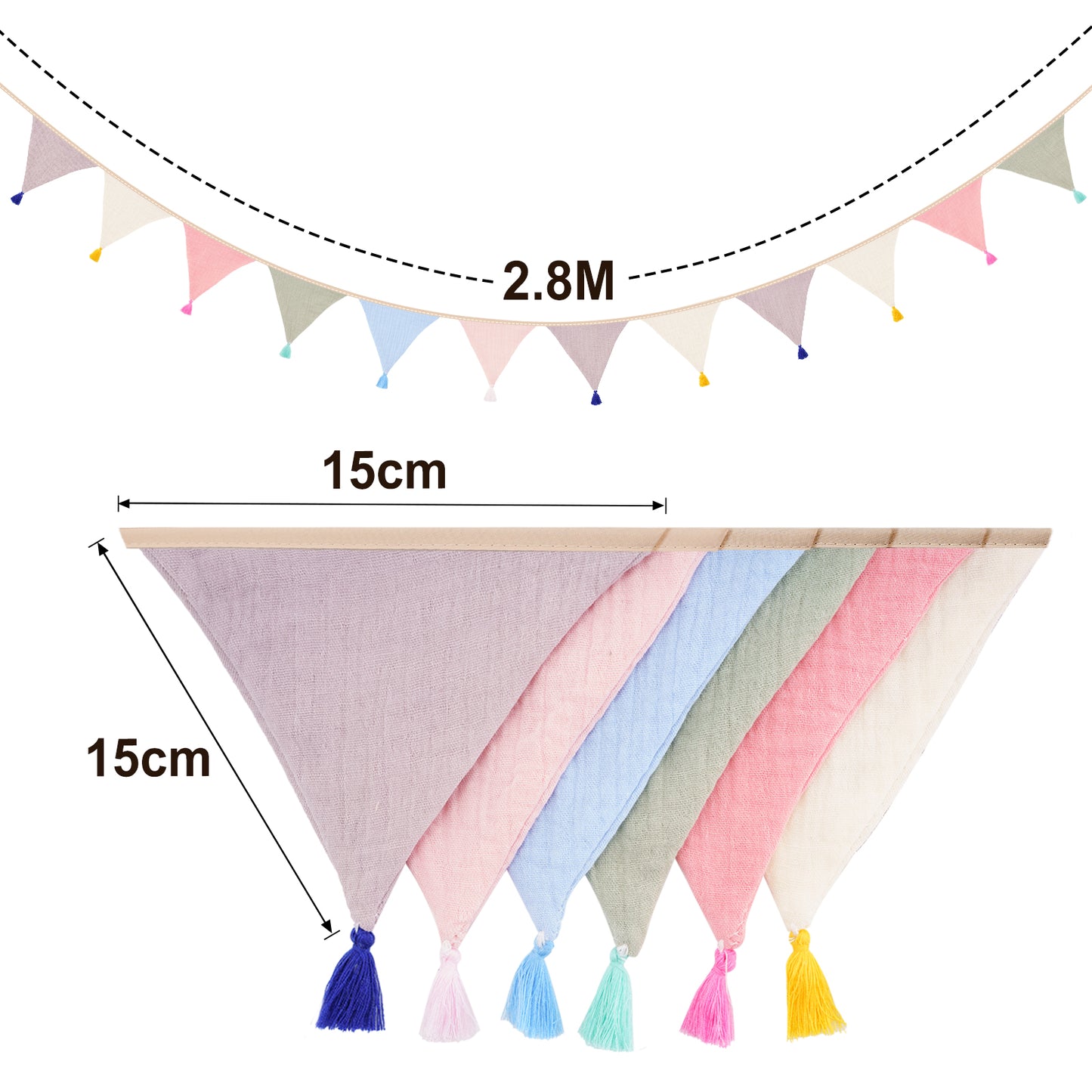 Pre-strung Cotton Fabric Bunting Banner, 9Ft Morandi Triangle Pennant Banner Flag, Double-Sided Bunting Garland with Tassels for Birthday, Nursery, Baby Shower, Classroom Hanging Decor