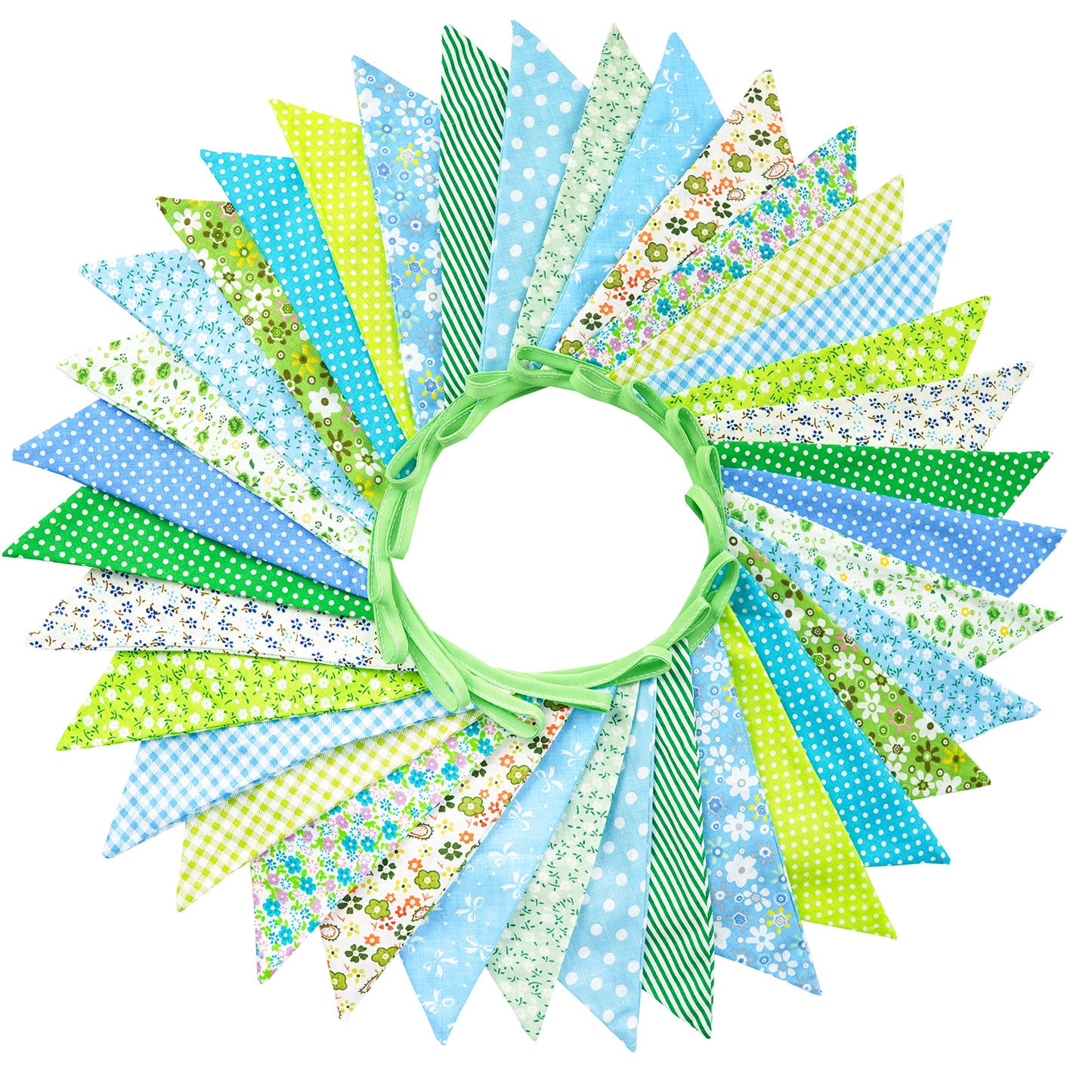 G2PLUS 36PCS Large Fabric Bunting Banner, 10M Double Sided Cotton Triangle Flag Garland-17x19CM Two Layer Green Floral Pennants for Wedding Birthday Parties