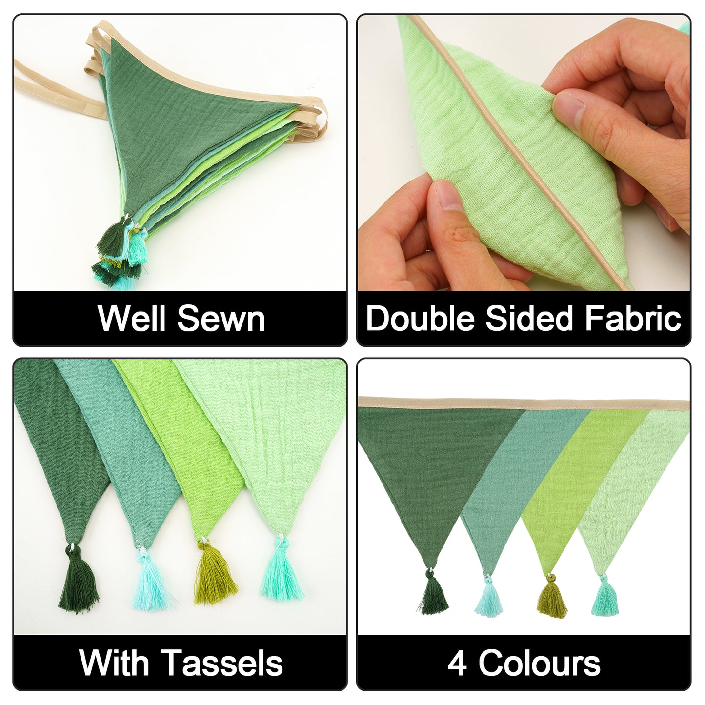 G2PLUS Cotton Fabric Bunting Banner, 9Ft Green Triangle Pennant Banner Flag, 12pcs Double-Sided Bunting Garland with Tassels for Birthday Party, Wedding, Holiday, Classroom Hanging Decor
