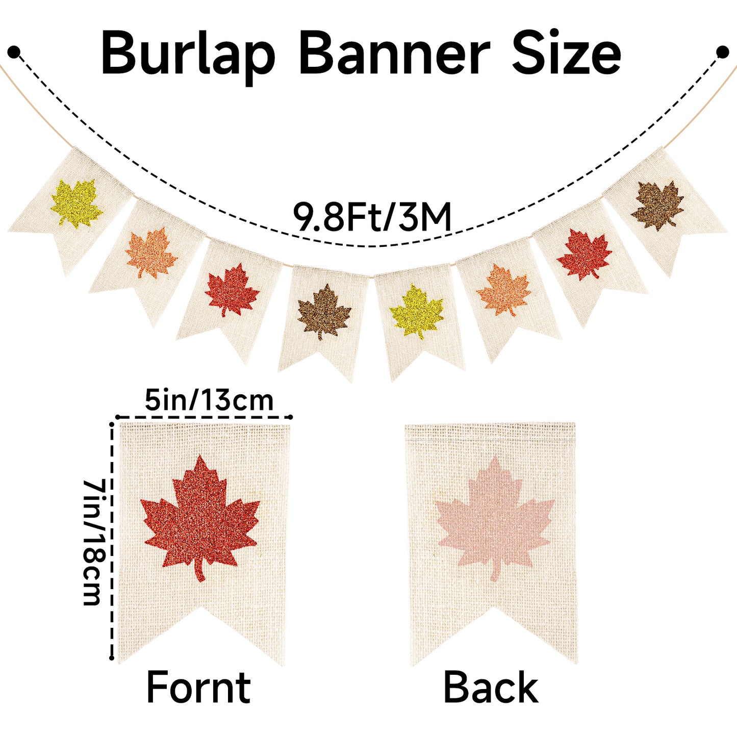 G2PLUS Glitter Maple Leaf Burlap Banner – 9.8Ft Fall Bunting Garland, Pre-Strung Rustic Hanging Banner Flag for Thanksgiving Decor, Harvest Festival and Fall Wedding