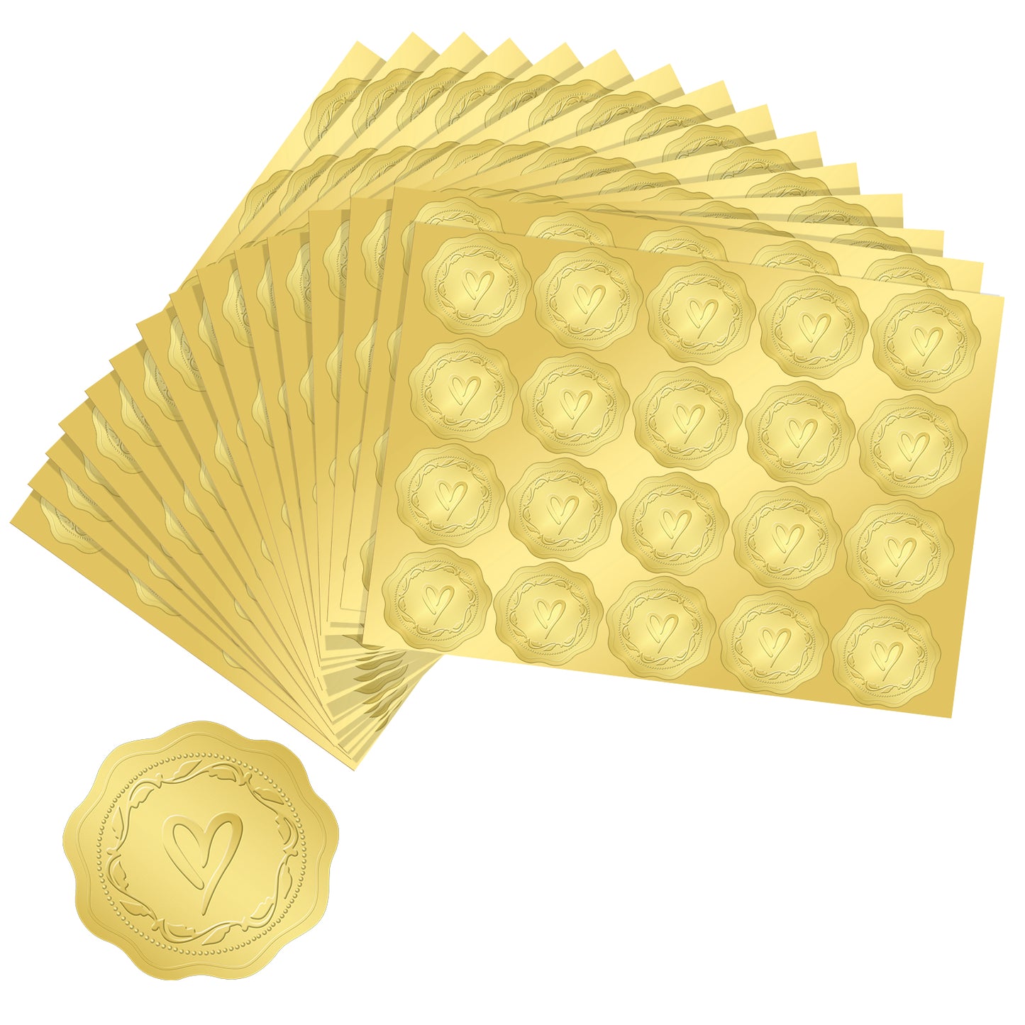 G2PLUS 300PCS Embossed Gold Foil Stickers, Gold Heart Envelope Seals Stickers, Gold Embossed Wax Seal Looking Heart Envelope Seals, Gold Heart and Garland Stickers for Wedding, Birthday Party Favors