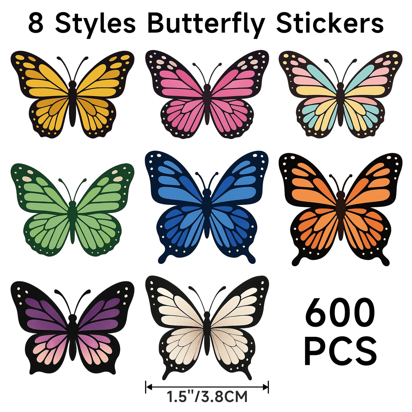 G2PLUS 600 Pcs Butterfly Stickers - 1.5" Self-Adhesive Butterflies Labels Stickers for Kids and Adults, Waterproof Decorative Label Sticker for Envelope Seals, DIY Crafts, Scrapbooking, Journaling