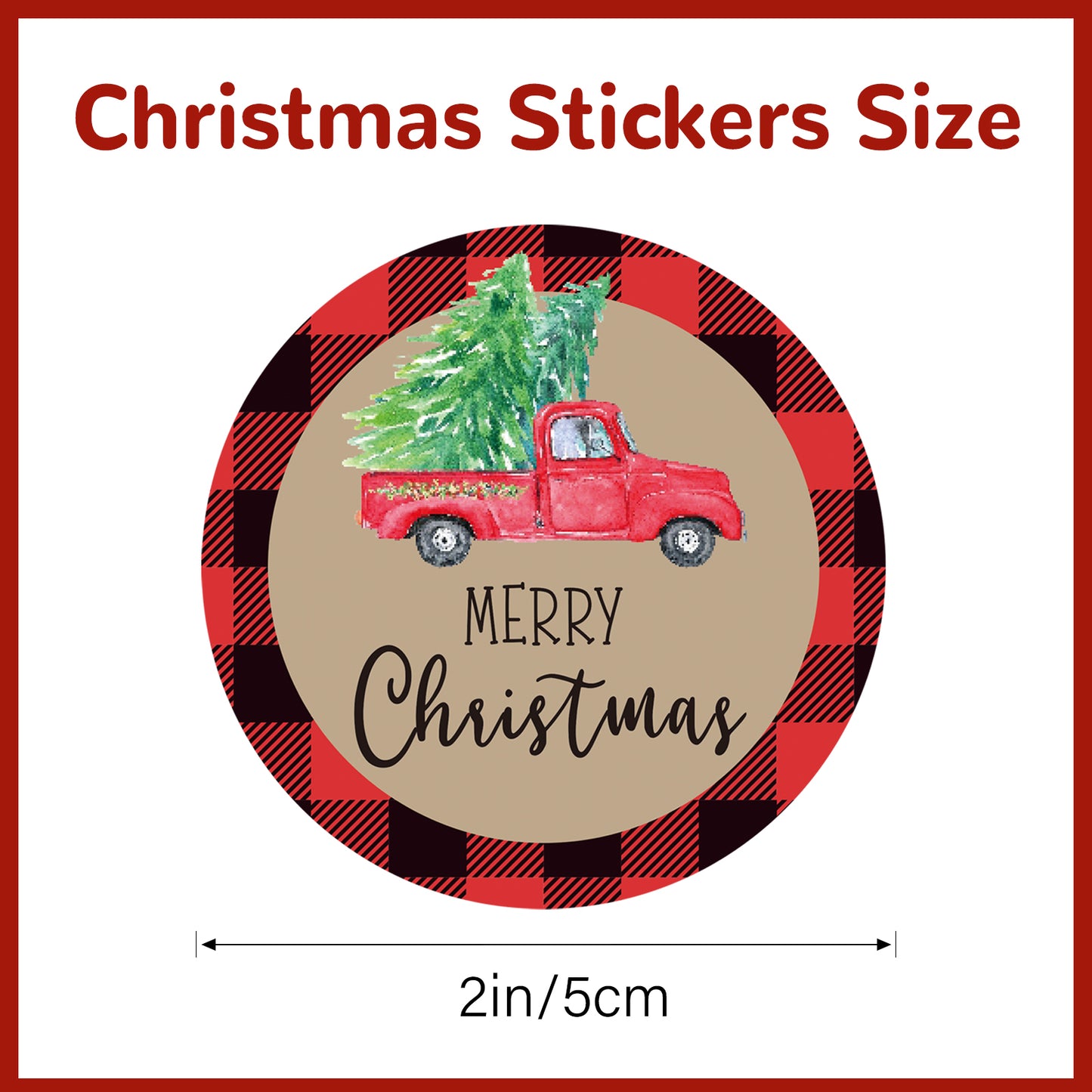 G2PLUS Merry Christmas Stickers, 120PCS Christmas Truck Stickers, 2'' Round Christmas Gift Stickers, Red Black Buffalo Plaid Christmas Stickers, Xmas Tree Gift Stickers for Cards and Envelope Seals