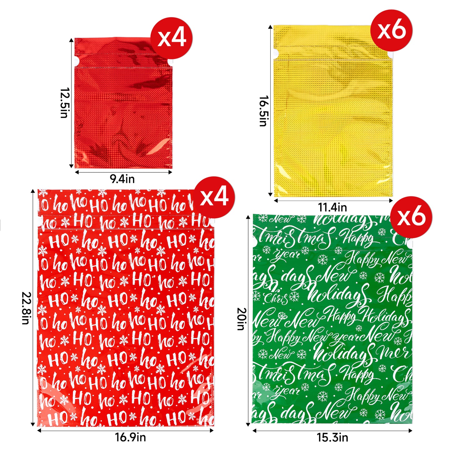 G2PLUS 20PCS Christmas Drawstring Gift Bags Assorted Sizes - 4 Designs Aluminum Foil Christmas Bags with Ribbon, Present Wrapping Pouches for Packages, Holidays, Birthday Party