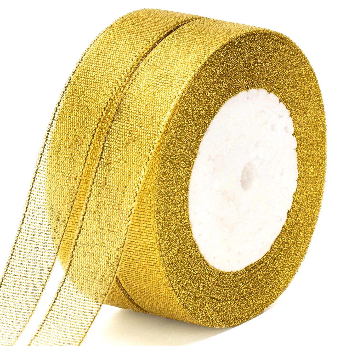 G2PLUS Gold Organza Gift Wrap Ribbon, 20mm Sparkly Decorative Christmas Ribbon, Ribbon for Gift Wrapping 44M Glitter Metallic Ribbon for Christmas Easter Wrapping Gift Craft, 2 Roll x 22M