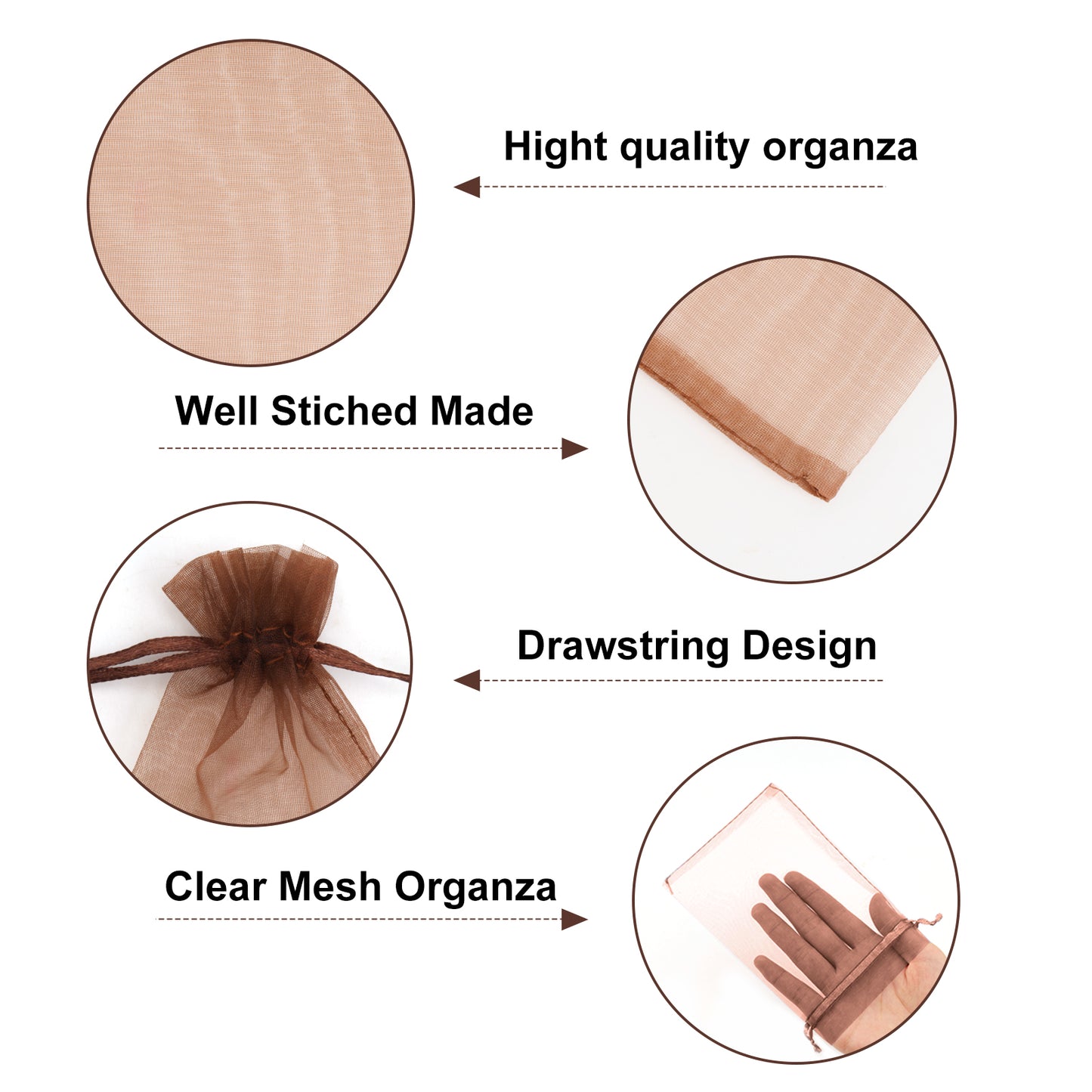 G2PLUS Brown Organza Bags 4x6 In - 100PCS Drawstring Organza Bags, Sheer Mesh Jewelry Pouches, Candy Gift Wrap Pouch for Halloween, Christmas, Wedding Party Favors