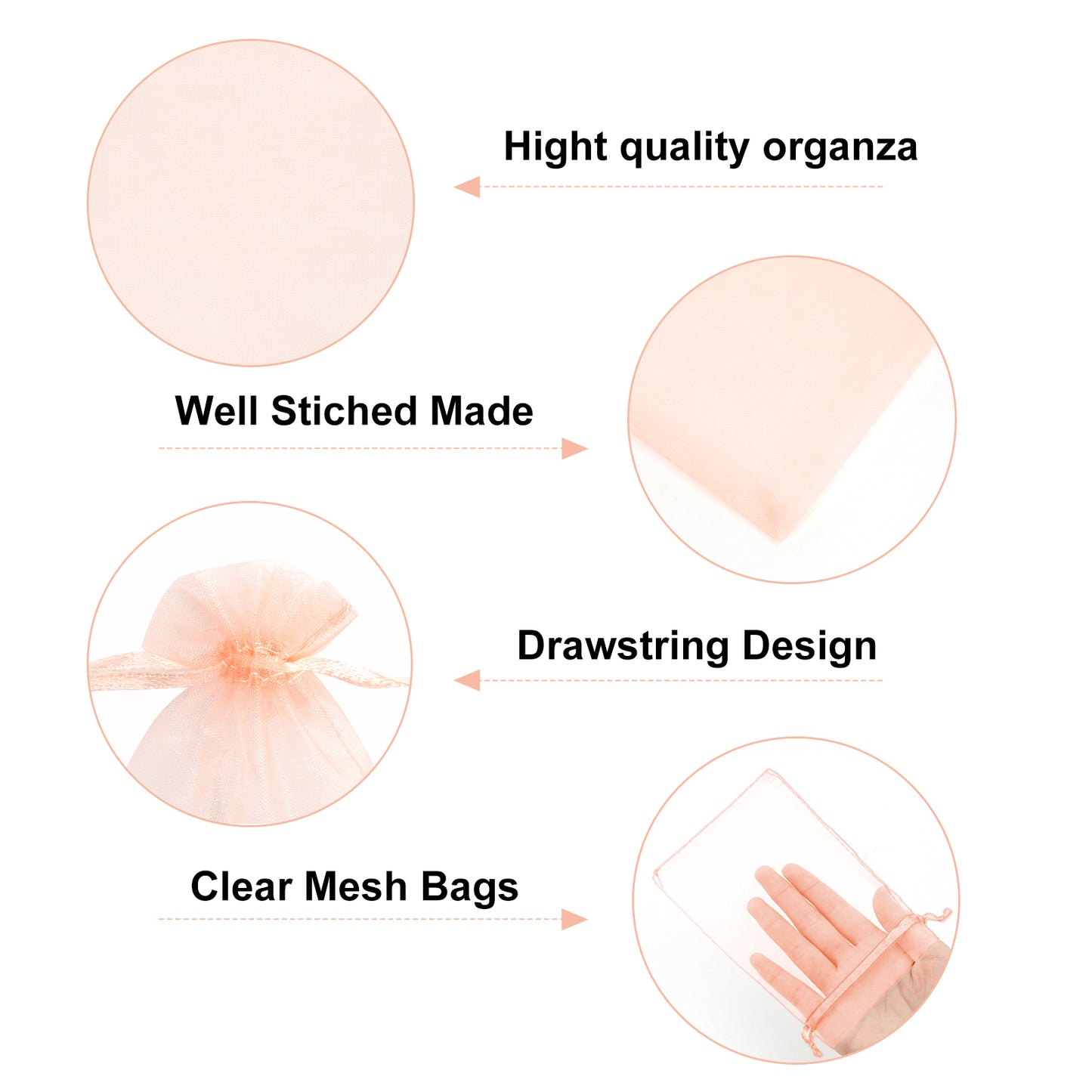 G2PLUS Peach Organza Bags 4x6 In - 100PCS Drawstring Organza Bags, Sheer Mesh Jewelry Pouches, Candy Gift Wrap Pouch for Halloween, Christmas, Wedding Party Favors