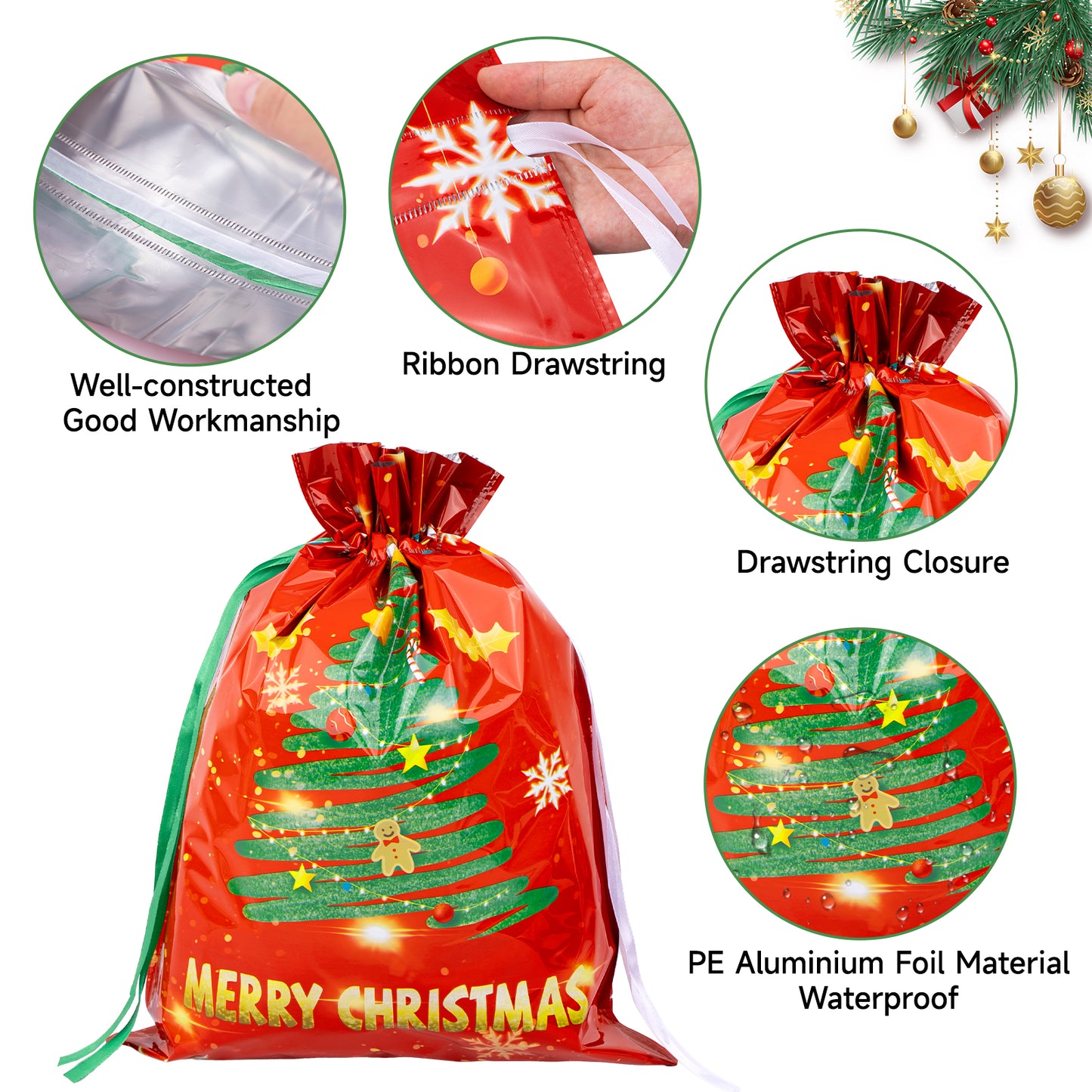 G2PLUS 20PCS Christmas Drawstring Gift Bags Assorted Sizes - 8 Designs Christmas Aluminum Foil Bags with Ribbon, Present Wrapping Pouches for Packages, Holidays, Birthday, Xmas Party Favors