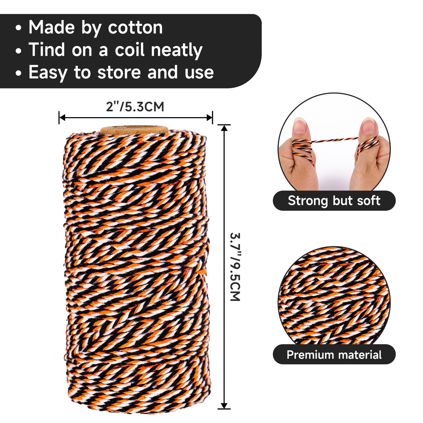 G2PLUS Black Orange White Cotton Twine - 2MM 328ft Baker’s Twine Craft String for DIY Crafts, Gift Wrapping, Treat Bags, Halloween Party Decorations