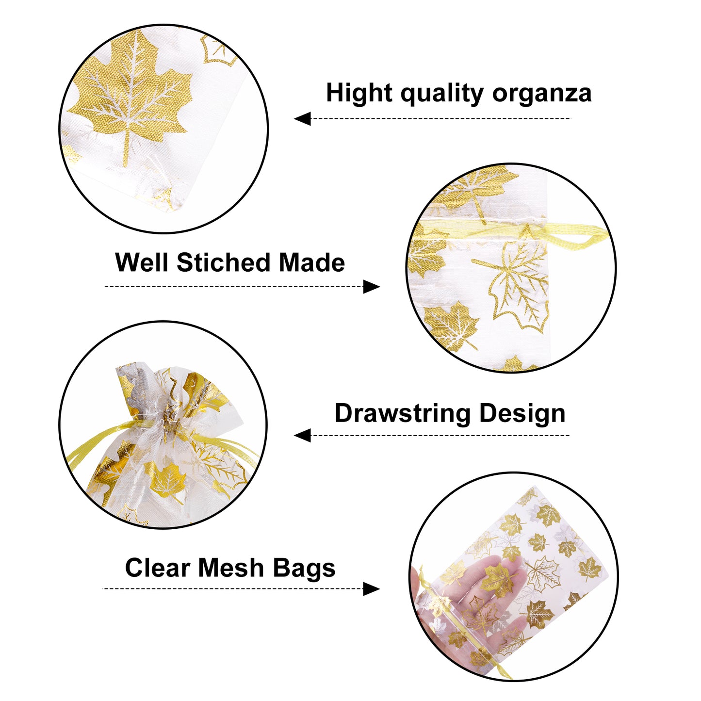 G2PLUS 50Pcs Fall Organza Drawstring Bags 4x6 In - Thanksgiving Organza Bags, White Sheer Mesh Pouches, Gold Maple Leaves Candy Treat Bags for Wedding, Baby Shower, Autumn Holiday Party Favors