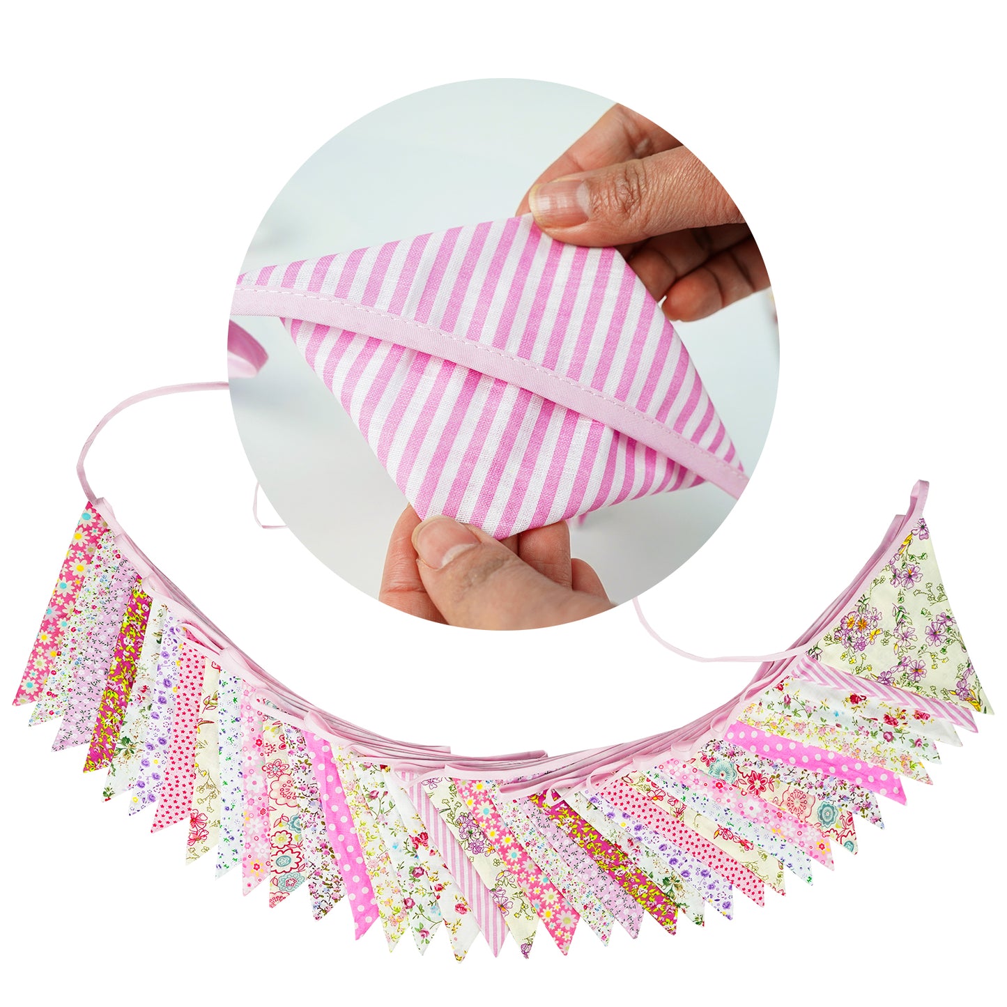 G2PLUS 36PCS Large Fabric Bunting Banner, 10M Double Sided Cotton Triangle Flag Garland-17x19CM Two Layer Pink Floral Pennants for Wedding Birthday Parties