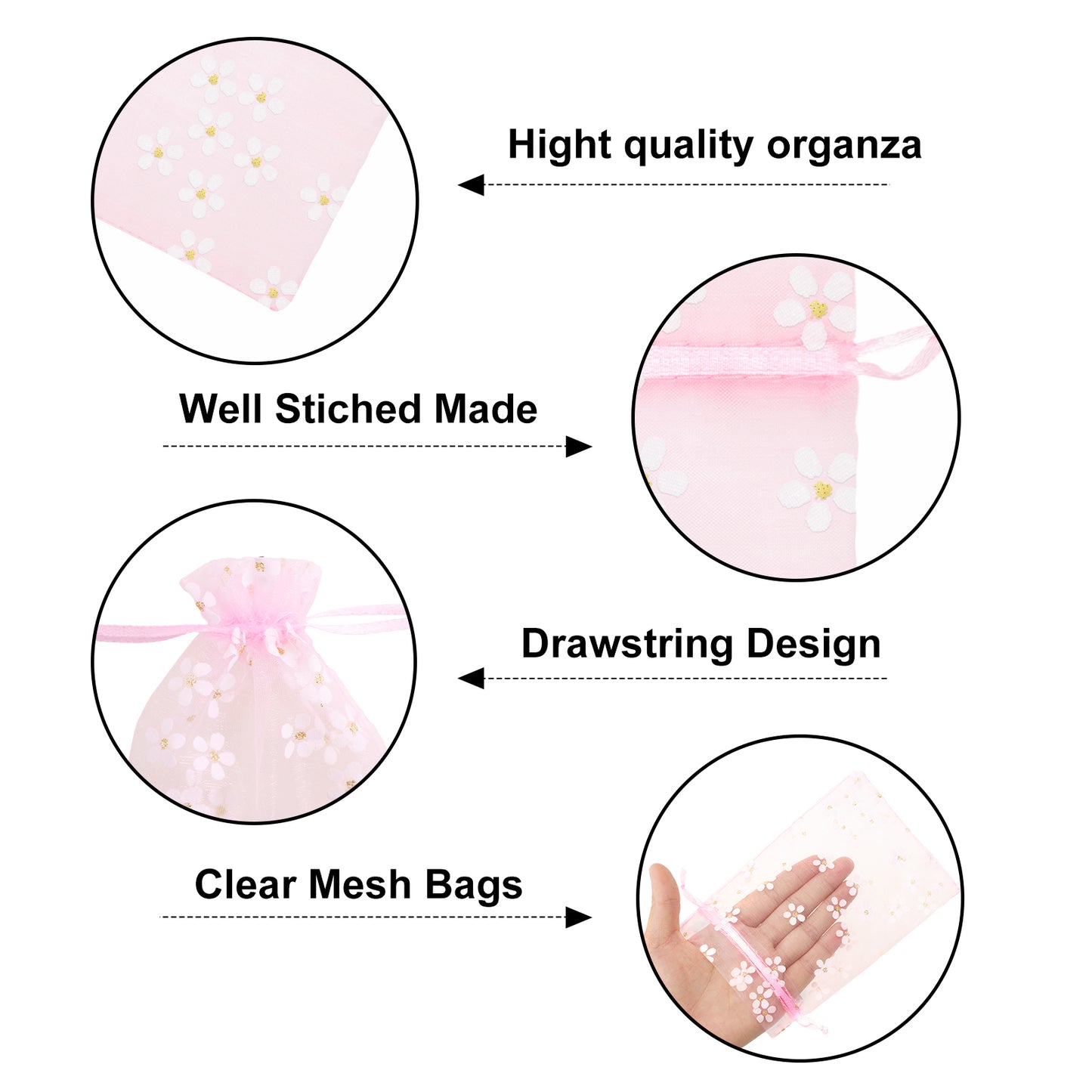 G2PLUS 30Pcs Pink Organza Bags - 4x6 In Sheer Mesh Jewelry Pouches, Daisy Drawstring Organza Bags for Wedding, Baby Shower, Party Favors, Christmas