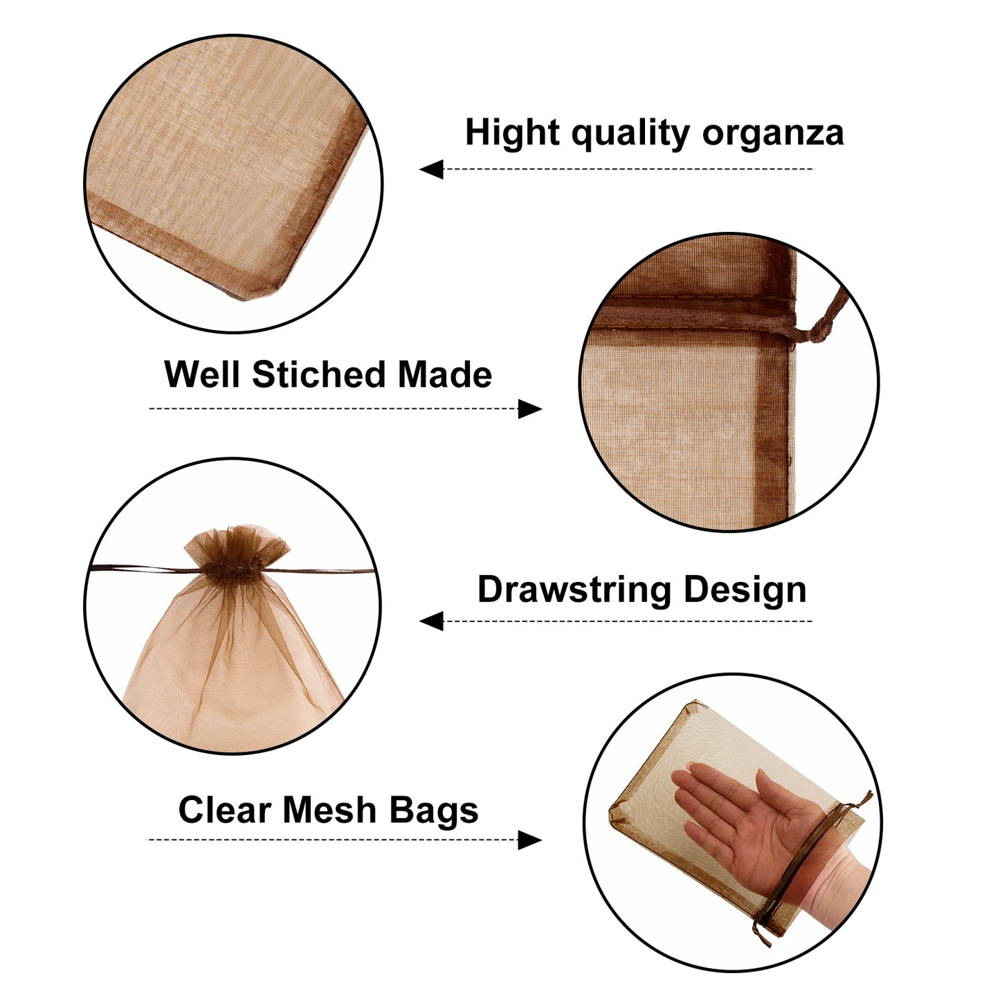 G2PLUS 25PCS Brown Organza Bags 5x7 inches - Sheer Mesh Jewelry Pouches, Organza Gift Bags with Drawstring for Candy, Jewelry, Wedding Party Favors
