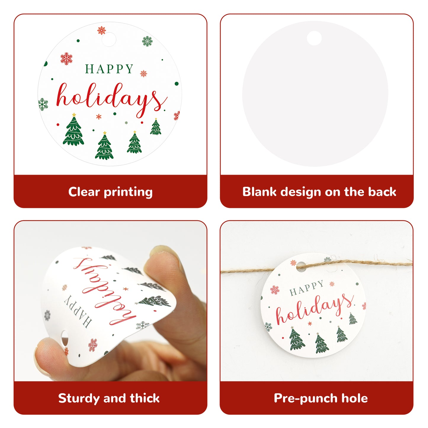 G2PLUS Happy Holiday Tags, 100PCS Christmas Holiday Tags, 2'' Round Holiday Gift Tags, Christmas Tree Paper Gift Tags with String for Xmas Gift Wrapping, DIY Arts & Crafts, Holiday Season Party Favors
