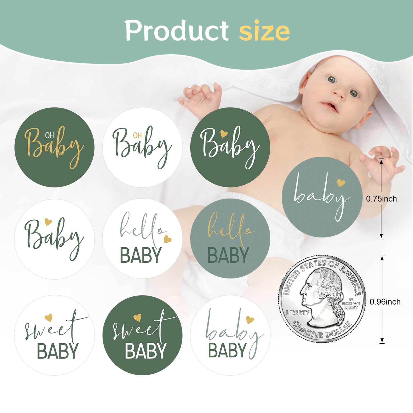 G2PLUS Baby Shower Stickers, Sweet Baby Stickers, Oh Baby Stickers, 210PCS Round Baby Shower Candy Stickers, Green Baby Shower Party Favor Stickers for Envelope Seals, Invitations (0.75 inch)