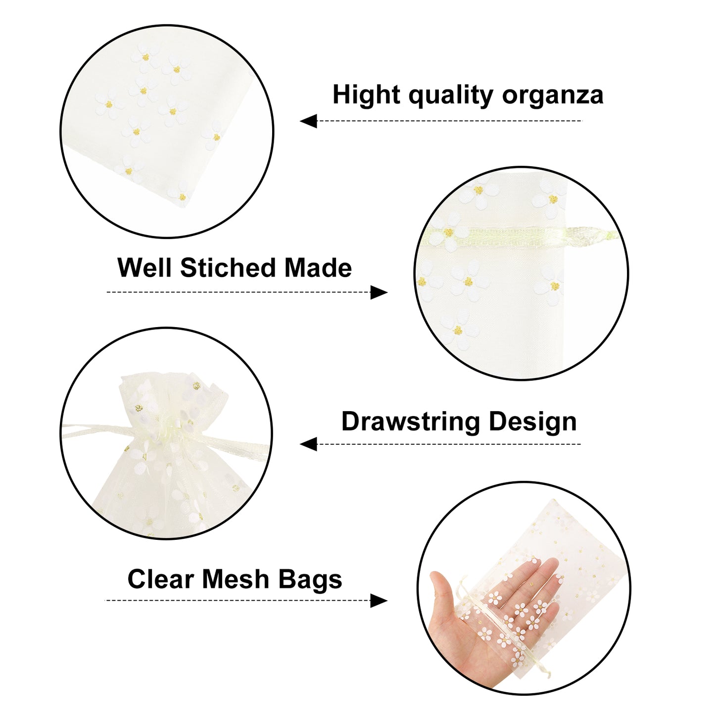 G2PLUS 30Pcs Ivory Organza Bags - 4x6 In Sheer Mesh Jewelry Pouches, Daisy Drawstring Organza Bags for Wedding, Baby Shower, Party Favors, Christmas