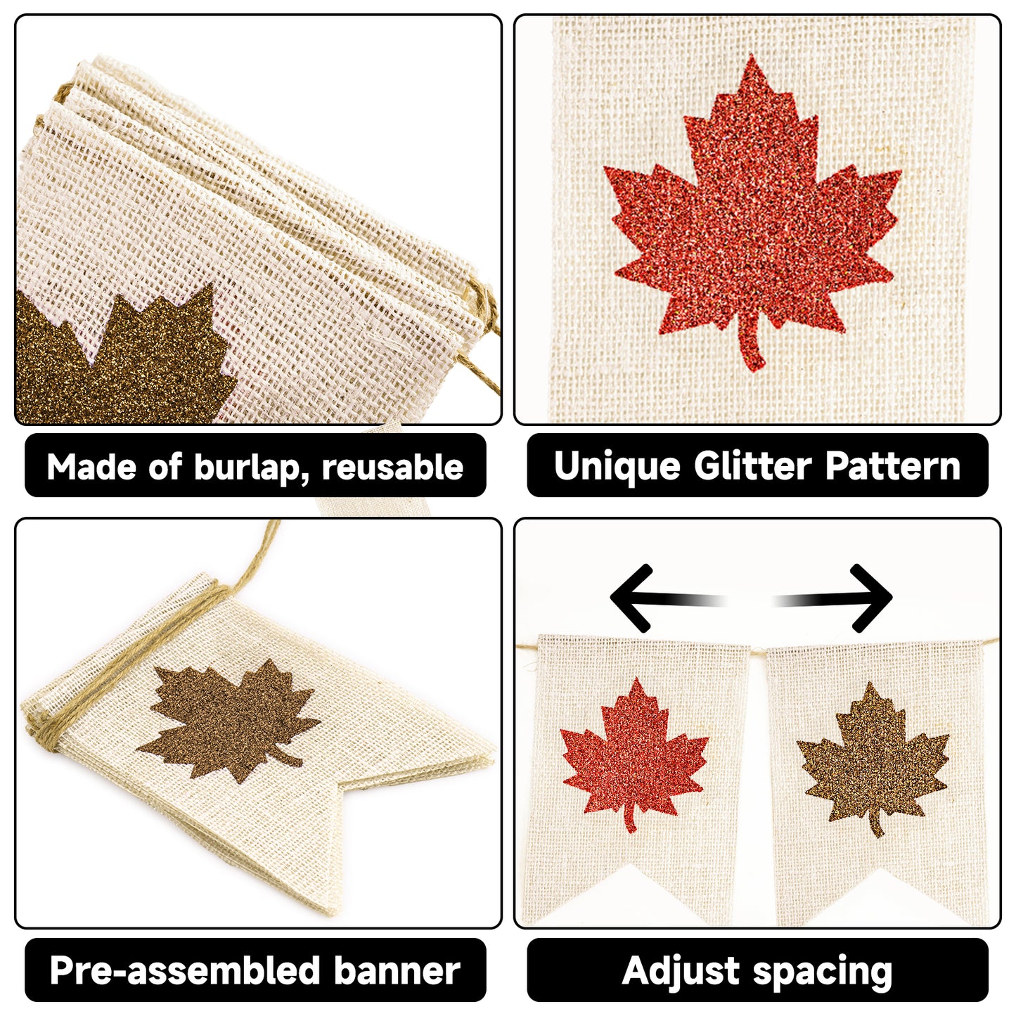G2PLUS Glitter Maple Leaf Burlap Banner – 9.8Ft Fall Bunting Garland, Pre-Strung Rustic Hanging Banner Flag for Thanksgiving Decor, Harvest Festival and Fall Wedding