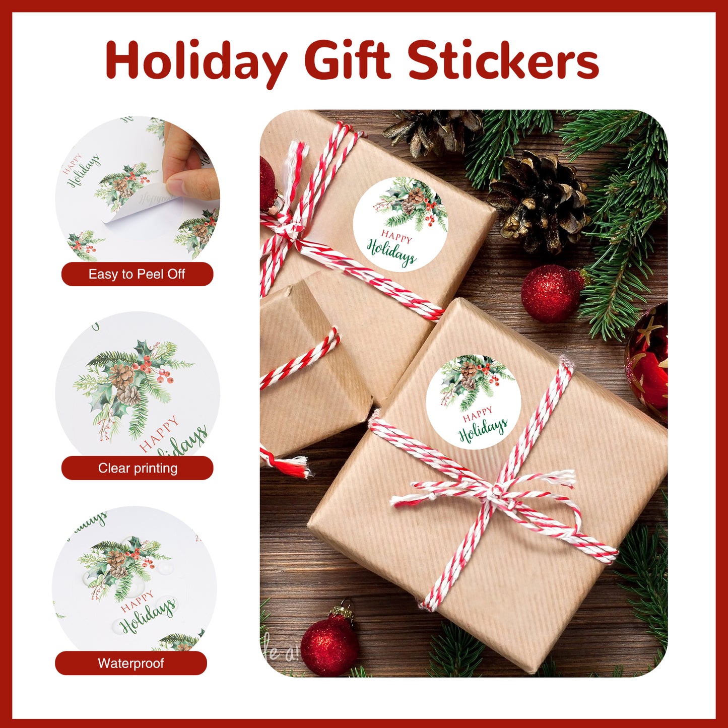 G2PLUS Happy Holiday Stickers, 120PCS Christmas Holiday Stickers, 2'' Round Holiday Gift Stickers, Holiday Season Gift Tag Stickers, Xmas Holly Berry Labels Winter Holiday Seasonal Envelope Seals