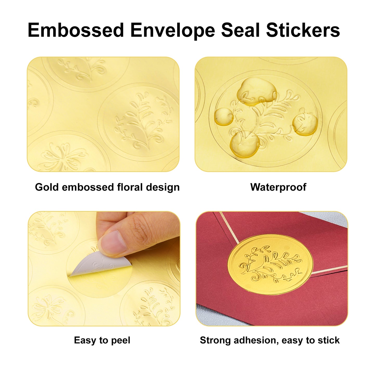 G2PLUS 300PCS Embossed Gold Foil Stickers, Gold Embossed Wax Seal Sticker Looking, 5 Styles Gold Embossed Plants Floral Envelope Seals Stickers for Wedding, Birthday, Baby Shower Party Favors