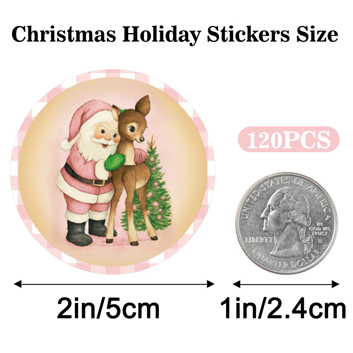 G2PLUS 120Pcs Merry Christmas Stickers - 2'' Round Self-Adhesive Waterproof Holiday Stickers, 6 Designs Pink Buffalo Plaid Xmas Labels for Envelope Seals, Gift Wrapping, Candy Bags, Cards