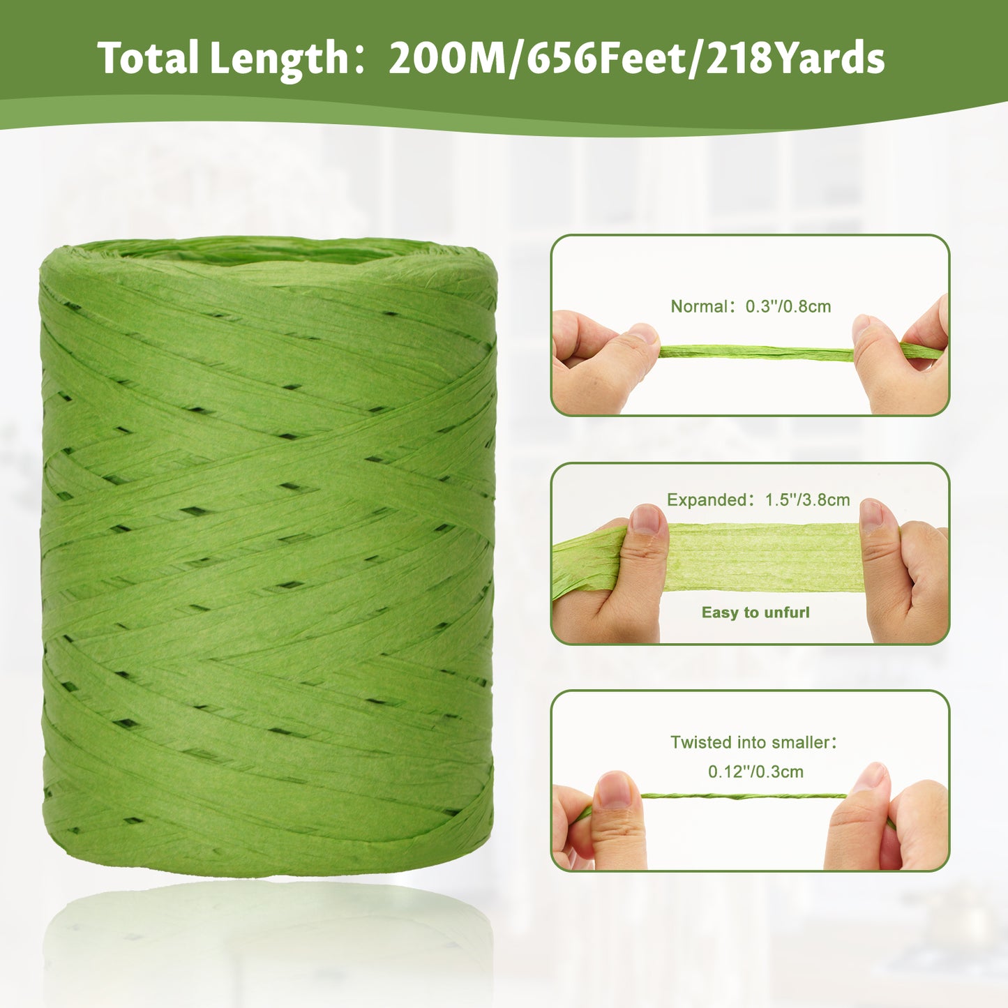 G2PLUS 218 Yards Raffia Paper Craft Ribbon, 1/4 Inch Wide Raffia Ribbon for Gift Wrapping, Green Raffia Ribbon Packing Twine String for DIY Arts & Crafts, Crochet Supplies, Christmas Holiday Decor