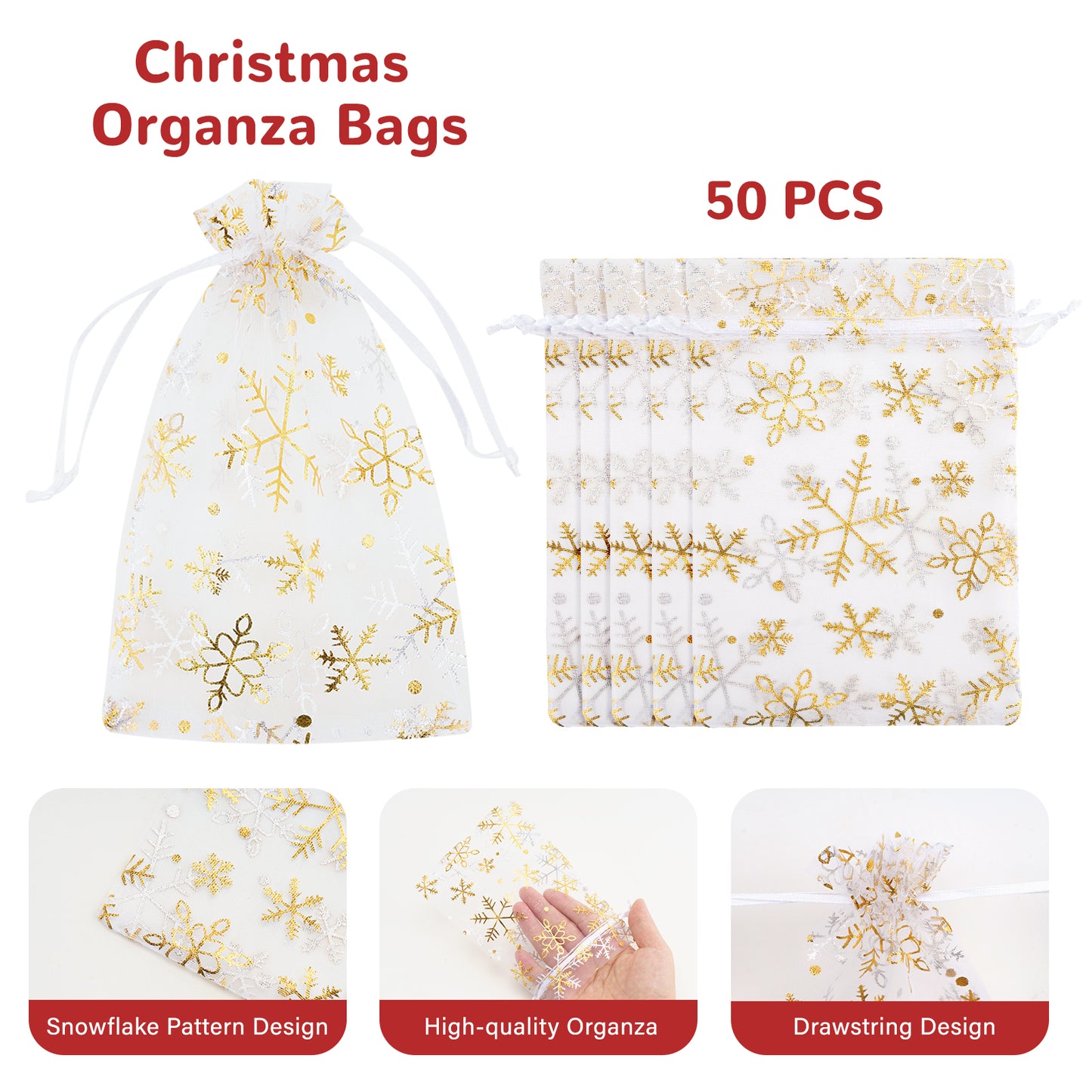 G2PLUS Christmas Drawstring Organza Bags, 50PCS Snowflake Organza Gift Bags, Gold Christmas Organza Bags 4x6, Mesh Sheer Organza Pouches, Xmas Winter Holiday Organza Bags for Jewelry, Candy, Goodies