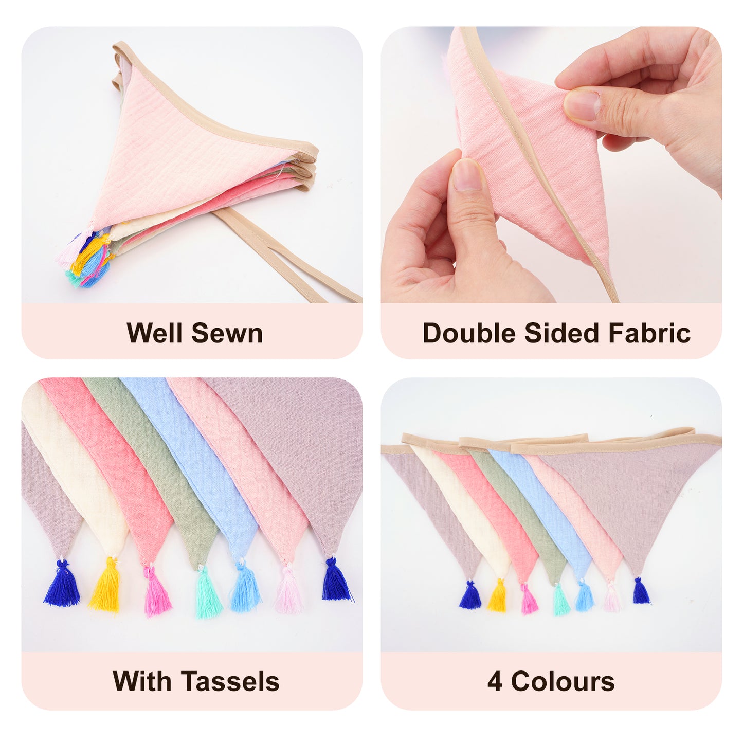 Pre-strung Cotton Fabric Bunting Banner, 9Ft Morandi Triangle Pennant Banner Flag, Double-Sided Bunting Garland with Tassels for Birthday, Nursery, Baby Shower, Classroom Hanging Decor