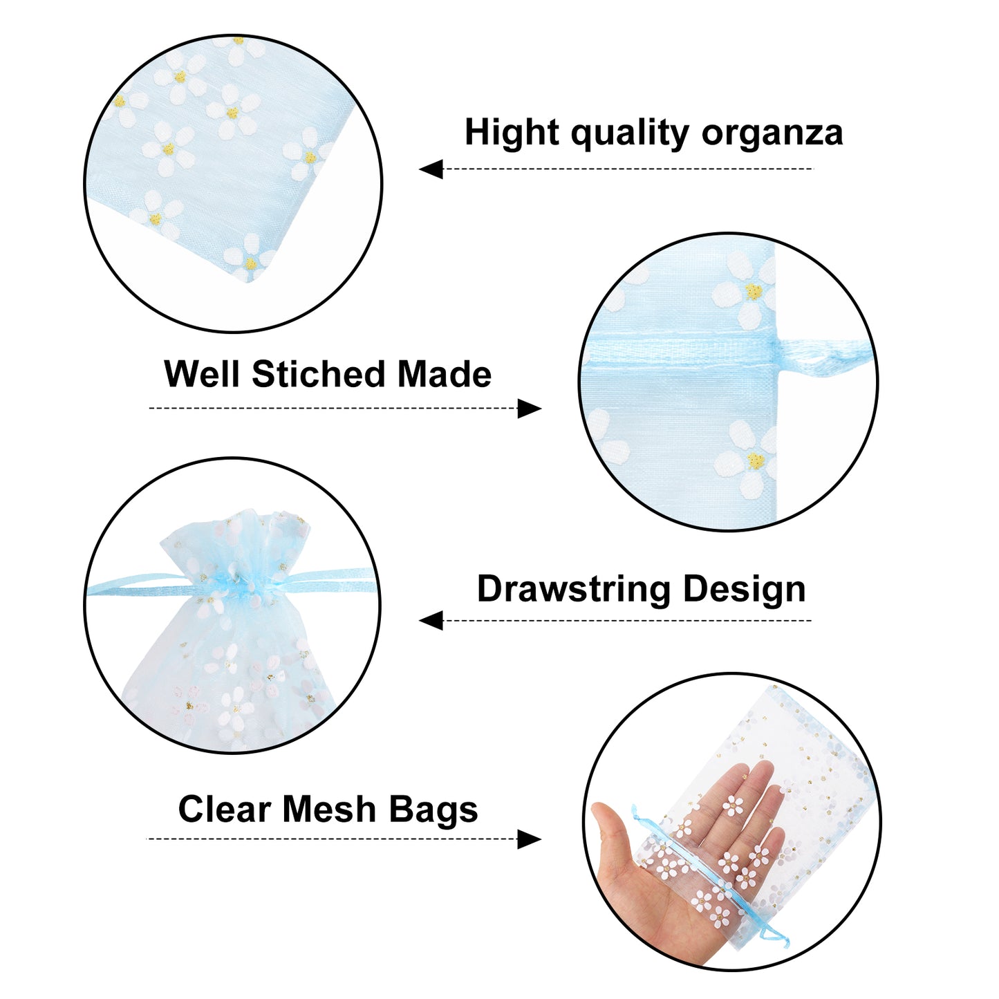 G2PLUS 30Pcs Blue Organza Bags - 4x6 In Sheer Mesh Jewelry Pouches, Daisy Drawstring Organza Bags for Baby Shower, Birdal Shower, Wedding Party Favors