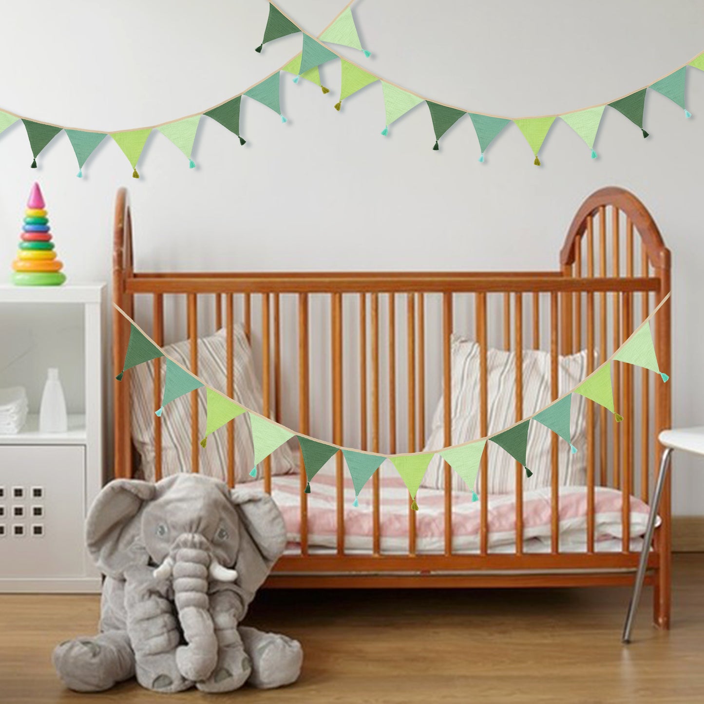 G2PLUS Cotton Fabric Bunting Banner, 9Ft Green Triangle Pennant Banner Flag, 12pcs Double-Sided Bunting Garland with Tassels for Birthday Party, Wedding, Holiday, Classroom Hanging Decor