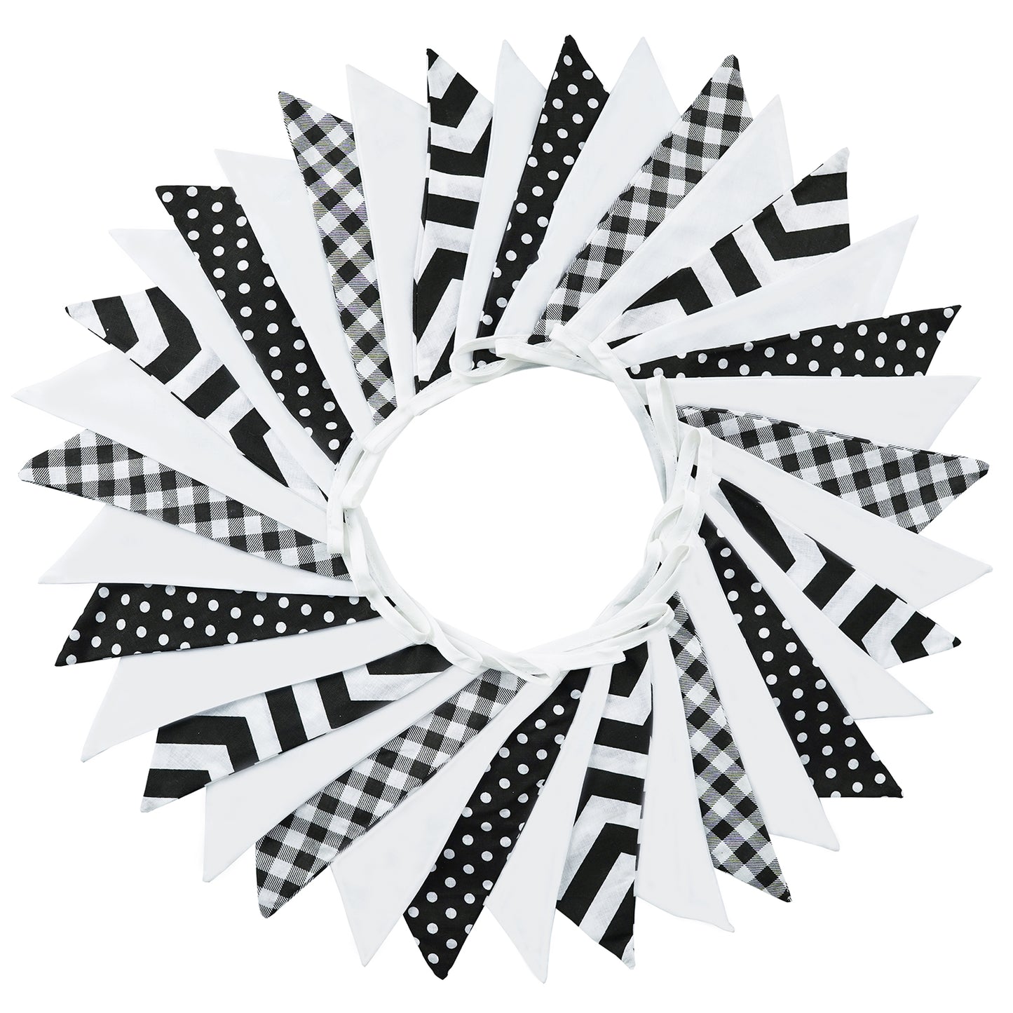 G2PLUS 36PCS Black and White Fabric Bunting, Two Layer 10M Lovely Triangle Banner Garlands, 17X19CM Double Side Large Cotton Pennants for Birthday Parties Ceremonies Bedrooms Halloween Decoration