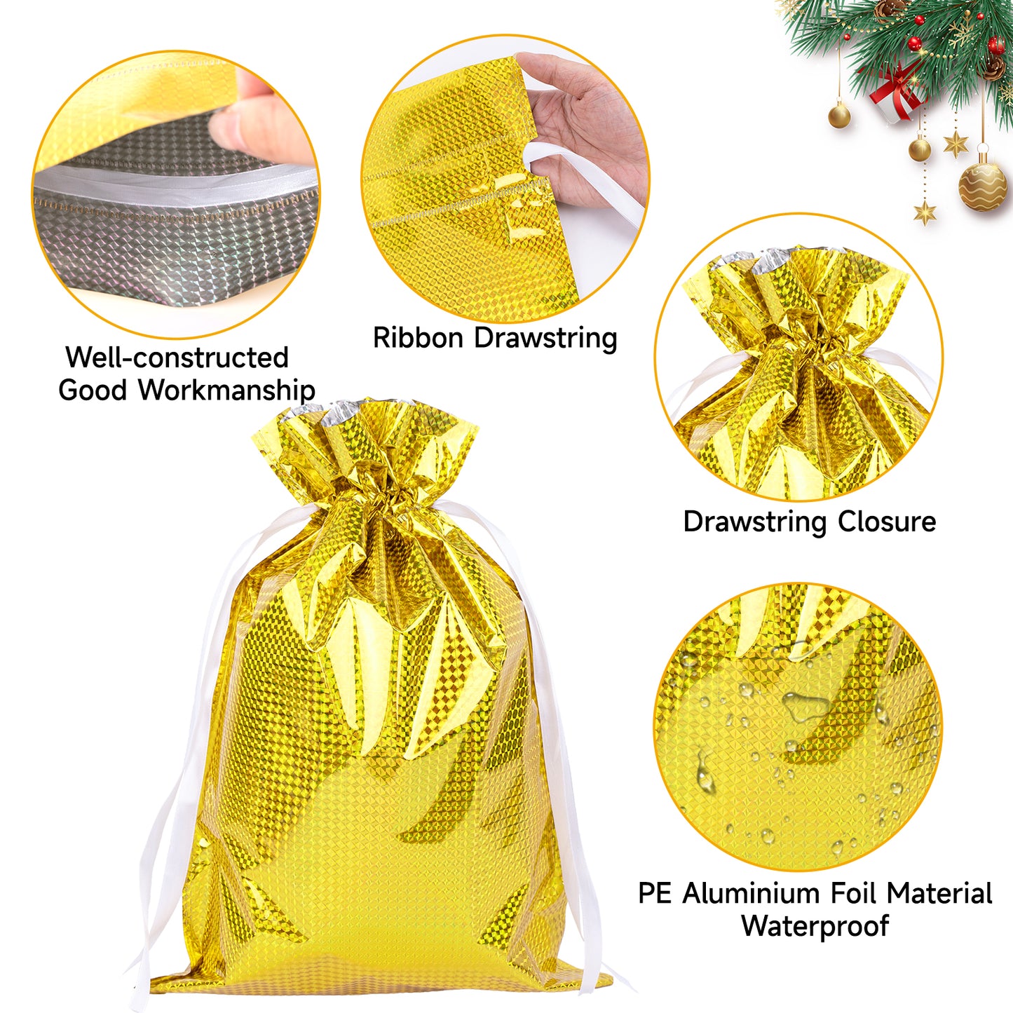 G2PLUS 20PCS Christmas Drawstring Gift Bags Assorted Sizes - 4 Designs Aluminum Foil Christmas Bags with Ribbon, Present Wrapping Pouches for Packages, Holidays, Birthday Party