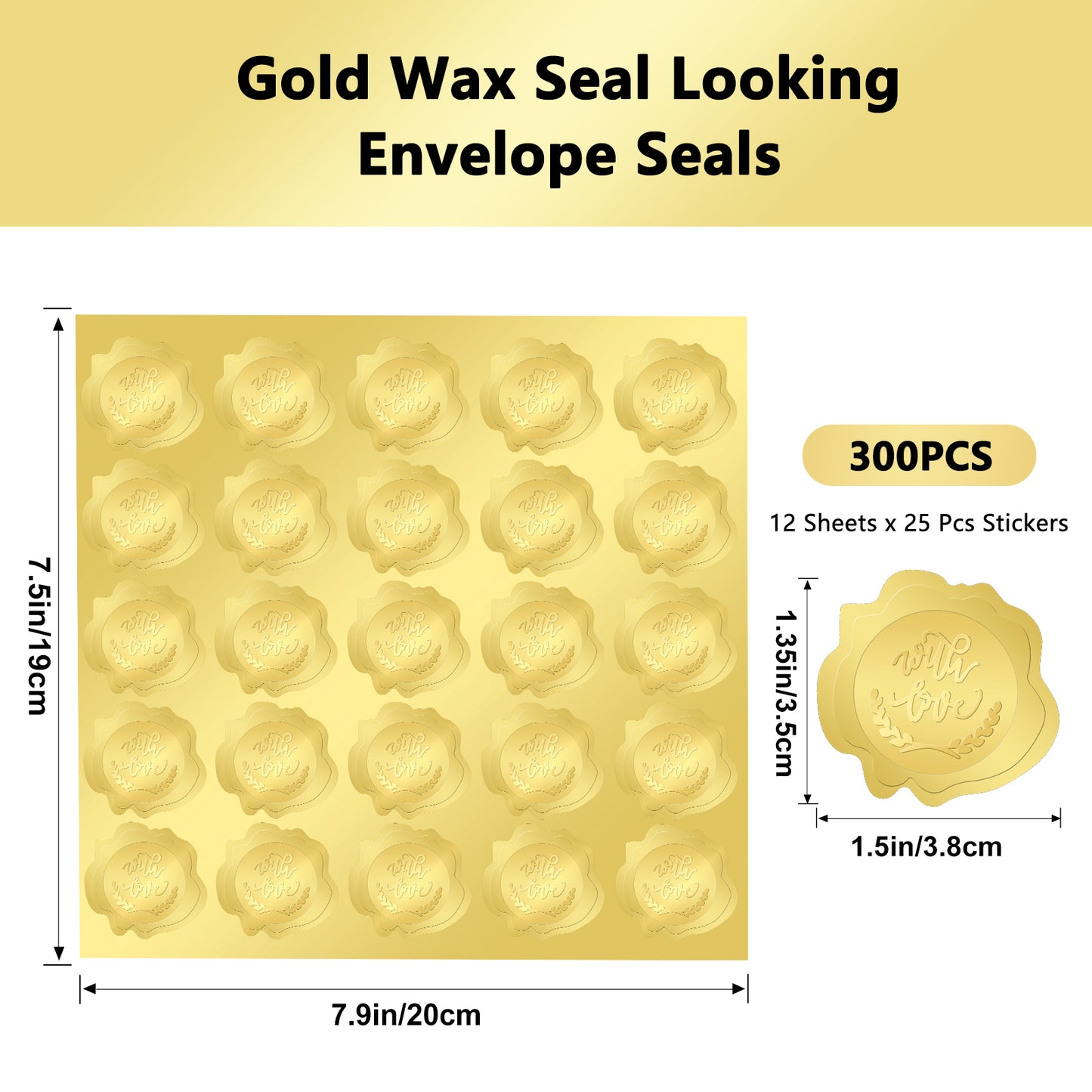 G2PLUS 300PCS Wedding Embossed Stickers, Embossed with Love Stickers, Embossed Gold Foil Stickers, Gold Embossed Wax Seal Looking Envelope Seals for Wedding, Birthday, Baby Shower Party Favors