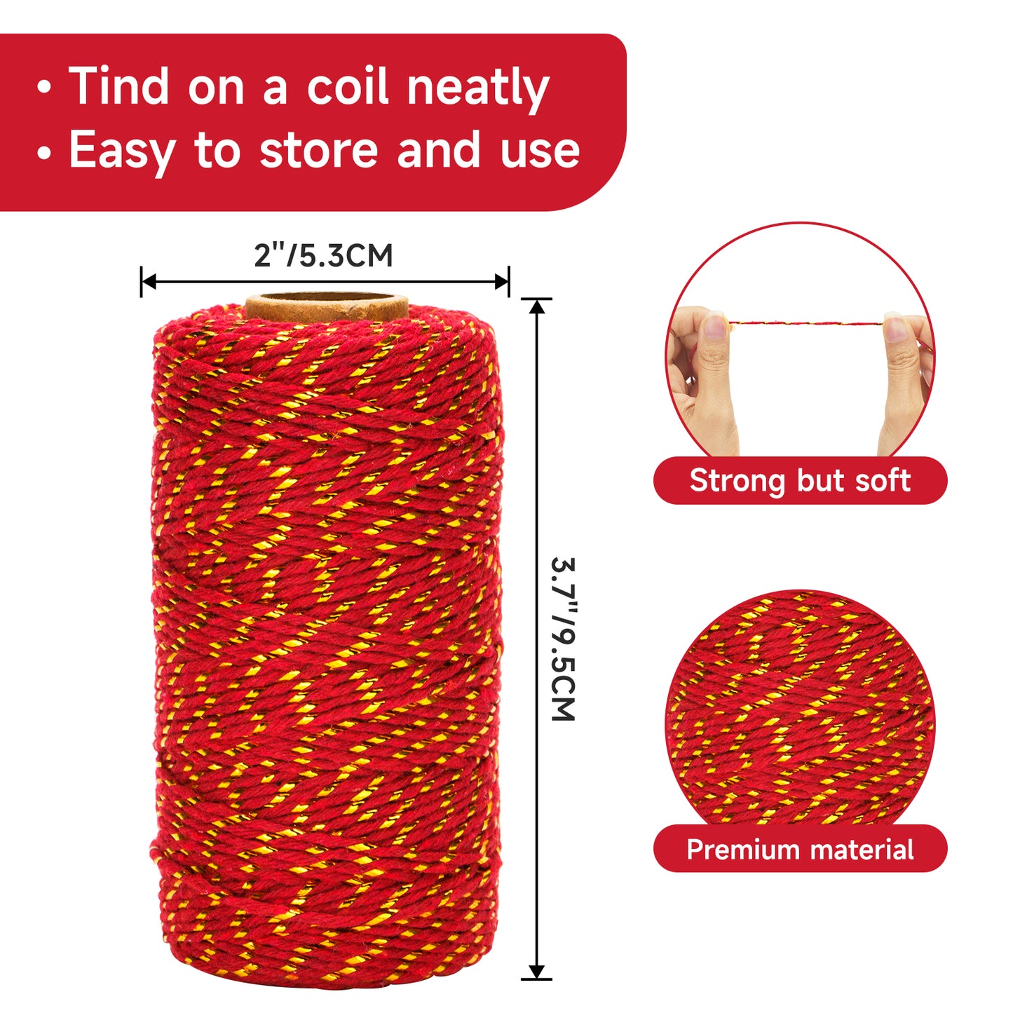 G2PLUS Red Gold String - 2MM 328ft Bakers Twine, Red Cotton and Gold String for Gift Wrapping, DIY Crafts, Wedding, Christmas Party Decor