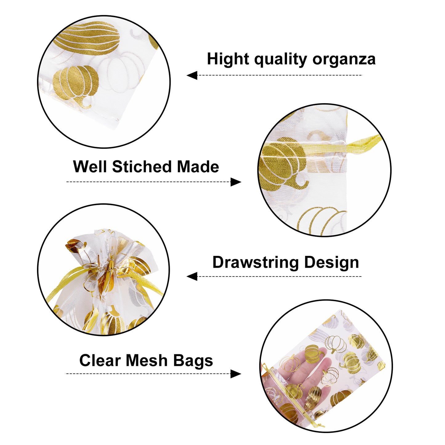 G2PLUS 50Pcs Fall Drawstring Organza Bags 4x6 In - Thanksgiving Organza Bags, White Sheer Mesh Pouches, Gold Pumpkin Candy Treat Bag for Wedding, Baby Shower, Autumn Holiday Party Favors