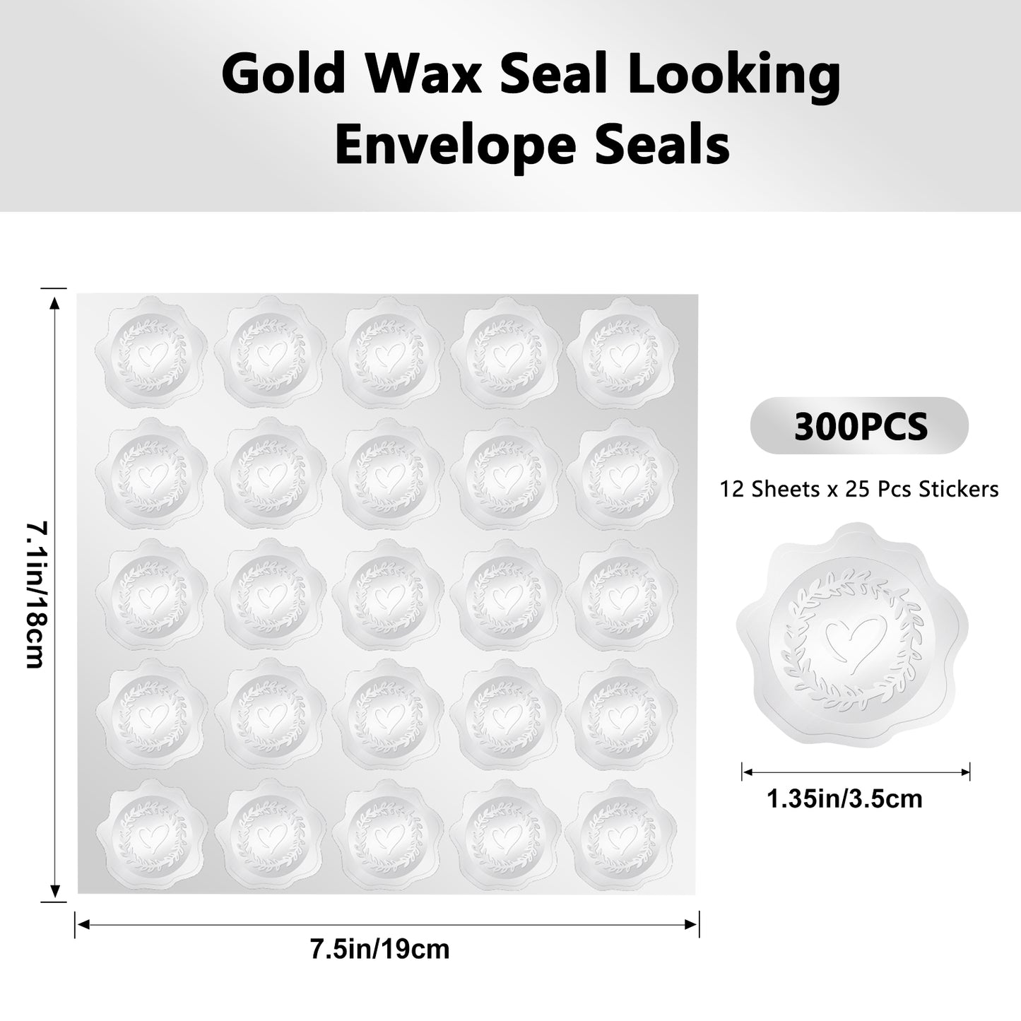 G2PLUS 300PCS Silver Embossed Stickers, Heart Envelope Seals Stickers, Silver Embossed Wax Seal Looking Heart Envelope Seals, Silver Foil Heart and Garland Stickers for Wedding, Birthday Party Favors
