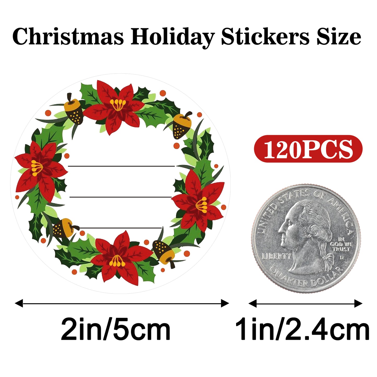 G2PLUS 120Pcs Christmas Gift Stickers - 2 Inch Round Writable Self-Adhesive Stickers, Christmas Holiday Wreath Labels for Gift Wrapping, Party Favors, DIY Crafts