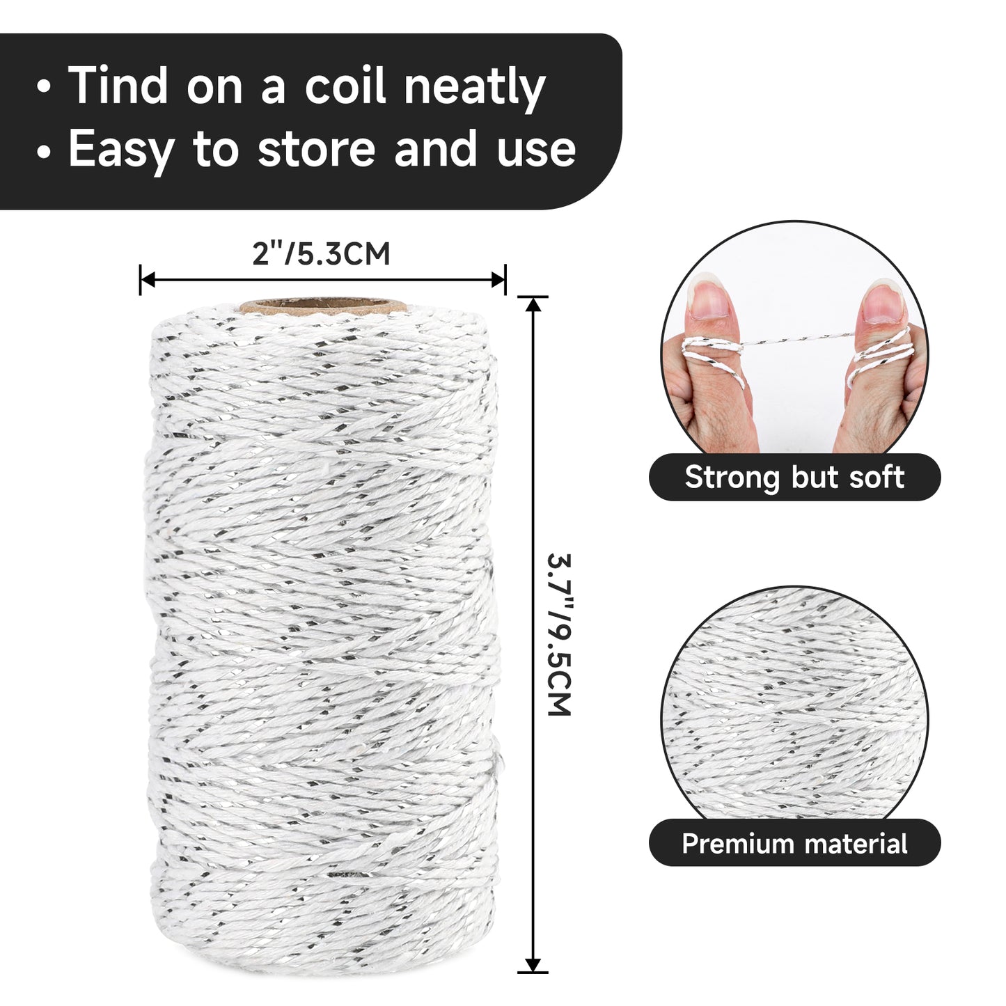 G2PLUS Silver White String - 2MM 328ft Bakers Twine for Gift Wrapping, White Cotton and Silver String DIY Crafts, Wedding, Christmas Party Decor